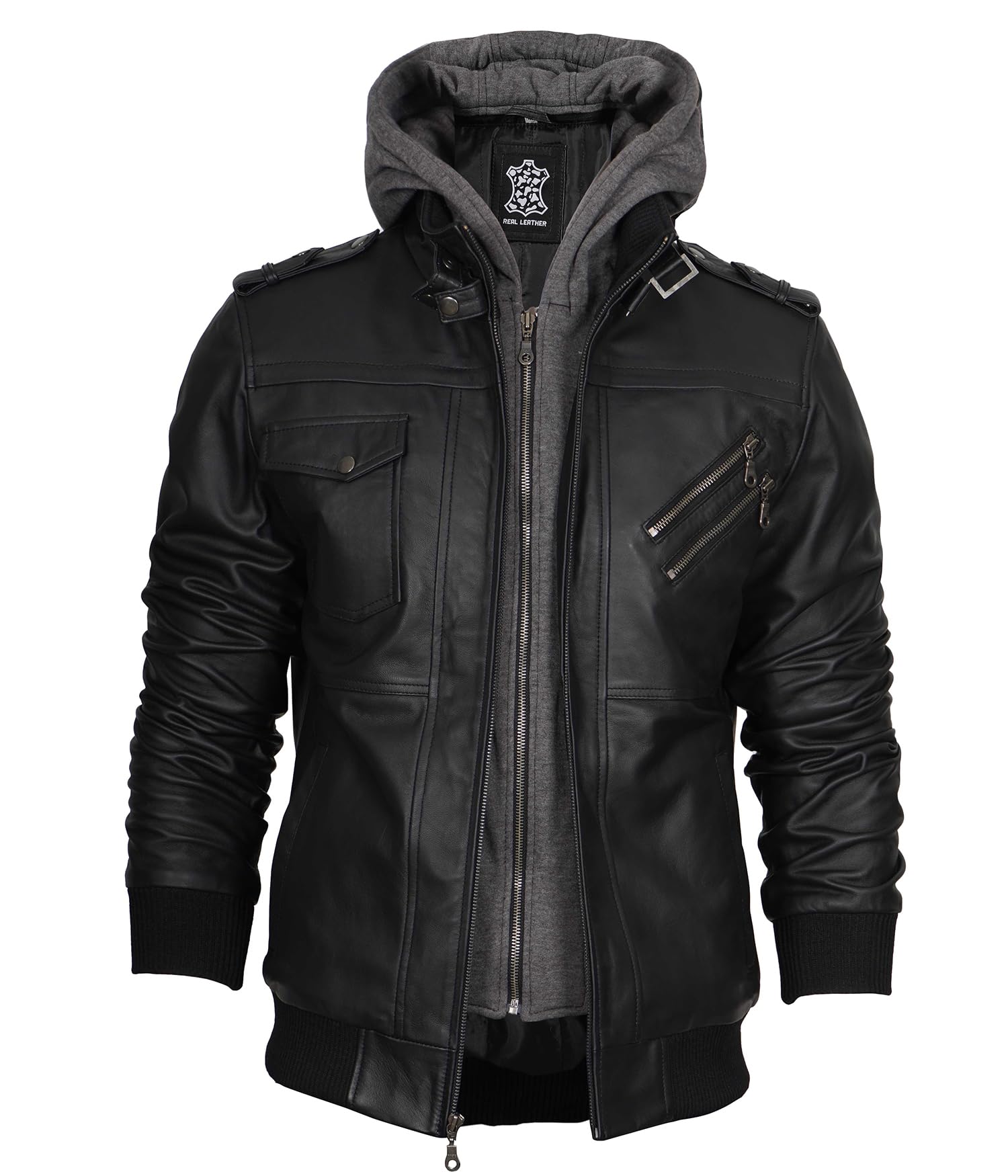 Genuine Leather Bomber Jacket for Men - Motorcycle & Casual Wear with Removable Hood - Stand Collar Biker Jacket for Riding, Travel & Everyday Fashion