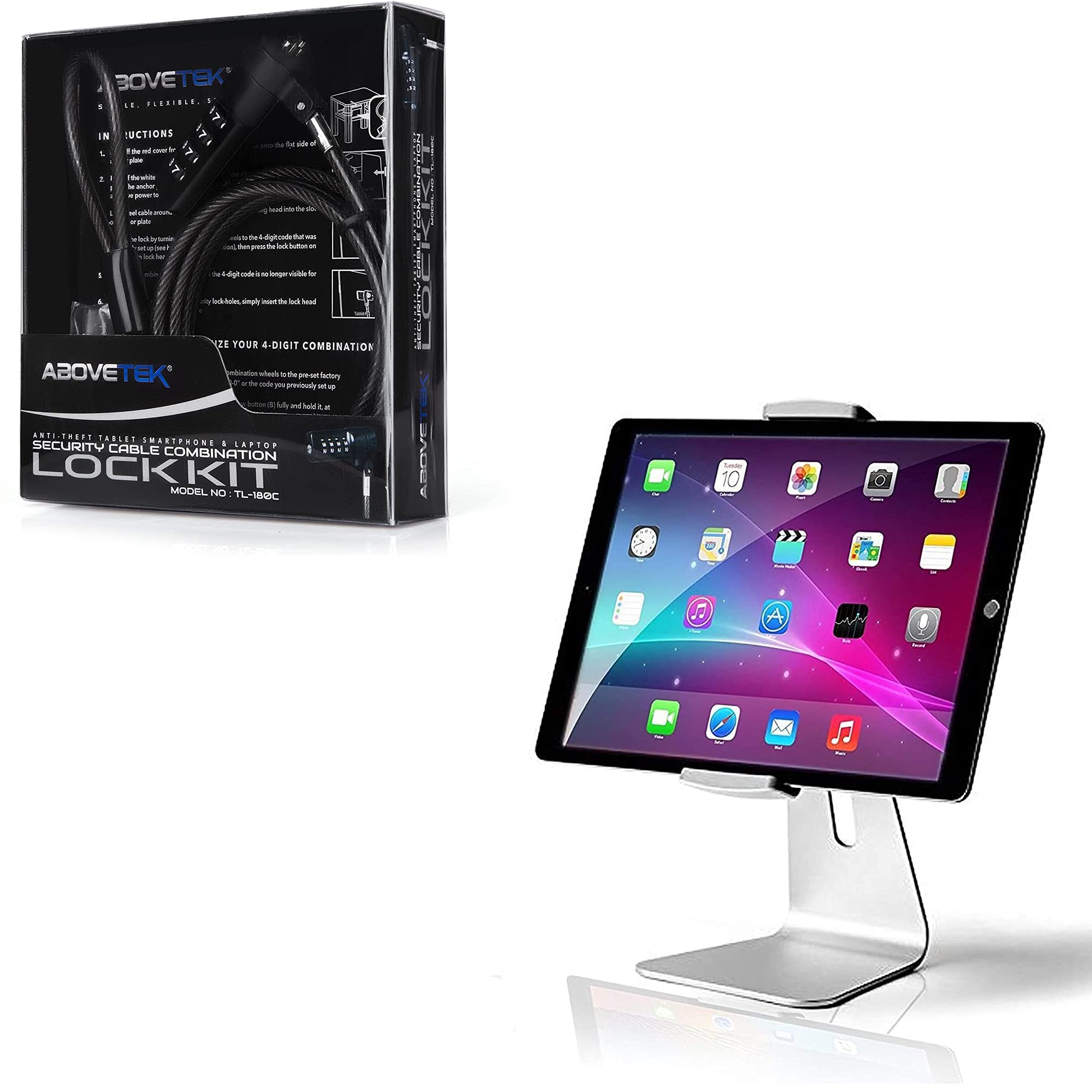 AboveTEK Elegant Tablet Stand with Security Lock Cable - Adjustable Holder for iPad, Tablets & Phones - Perfect for Home, Office & Travel Use