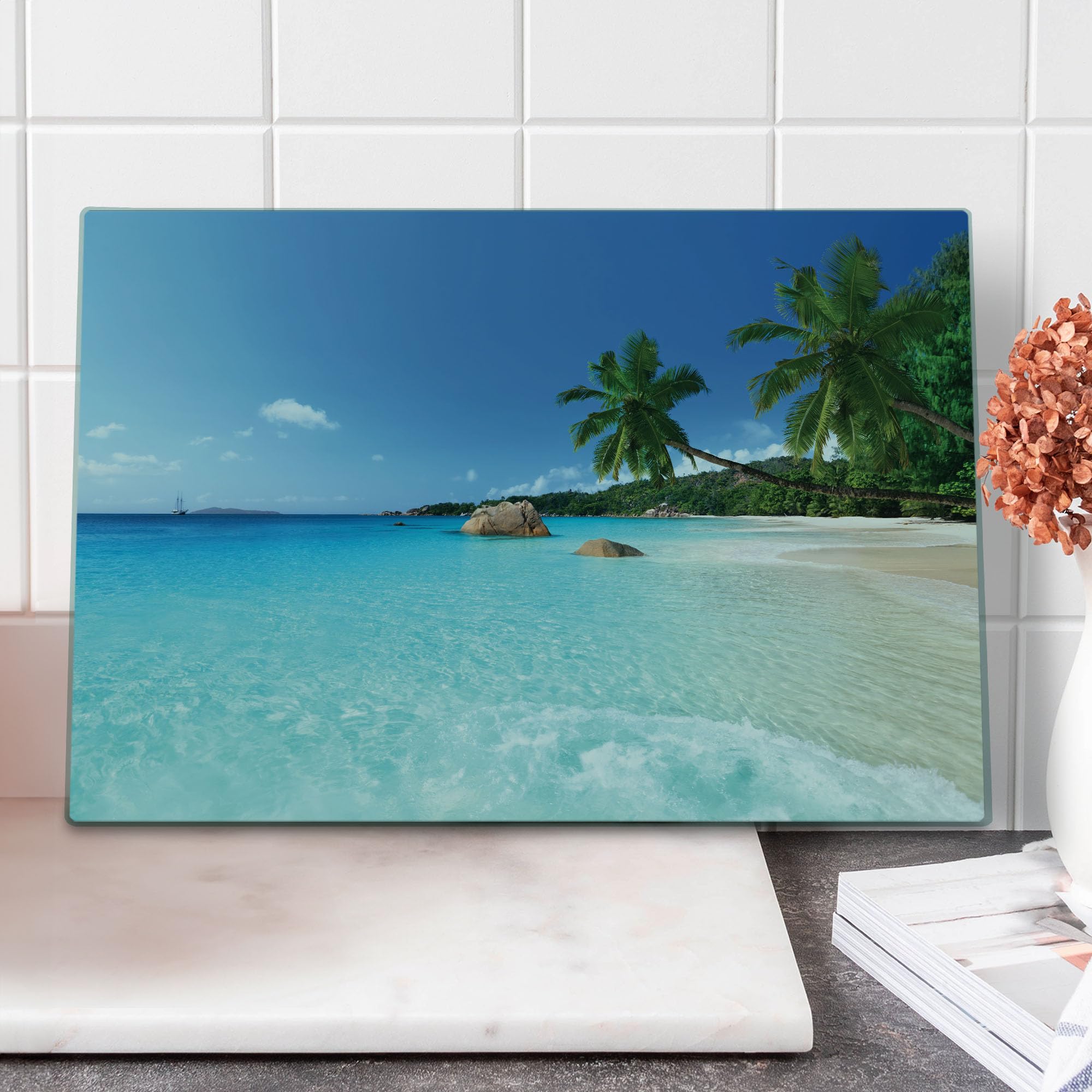 Ambesonne Ocean Themed Tempered Glass Cutting Board - Large Size Turquoise Blue Green - Anse Lazio Beach Scenic View - Decorative Serving Board for Kitchen, Dining & Entertaining - Perfect for Cheese Platters, Charcuterie & Party Serving