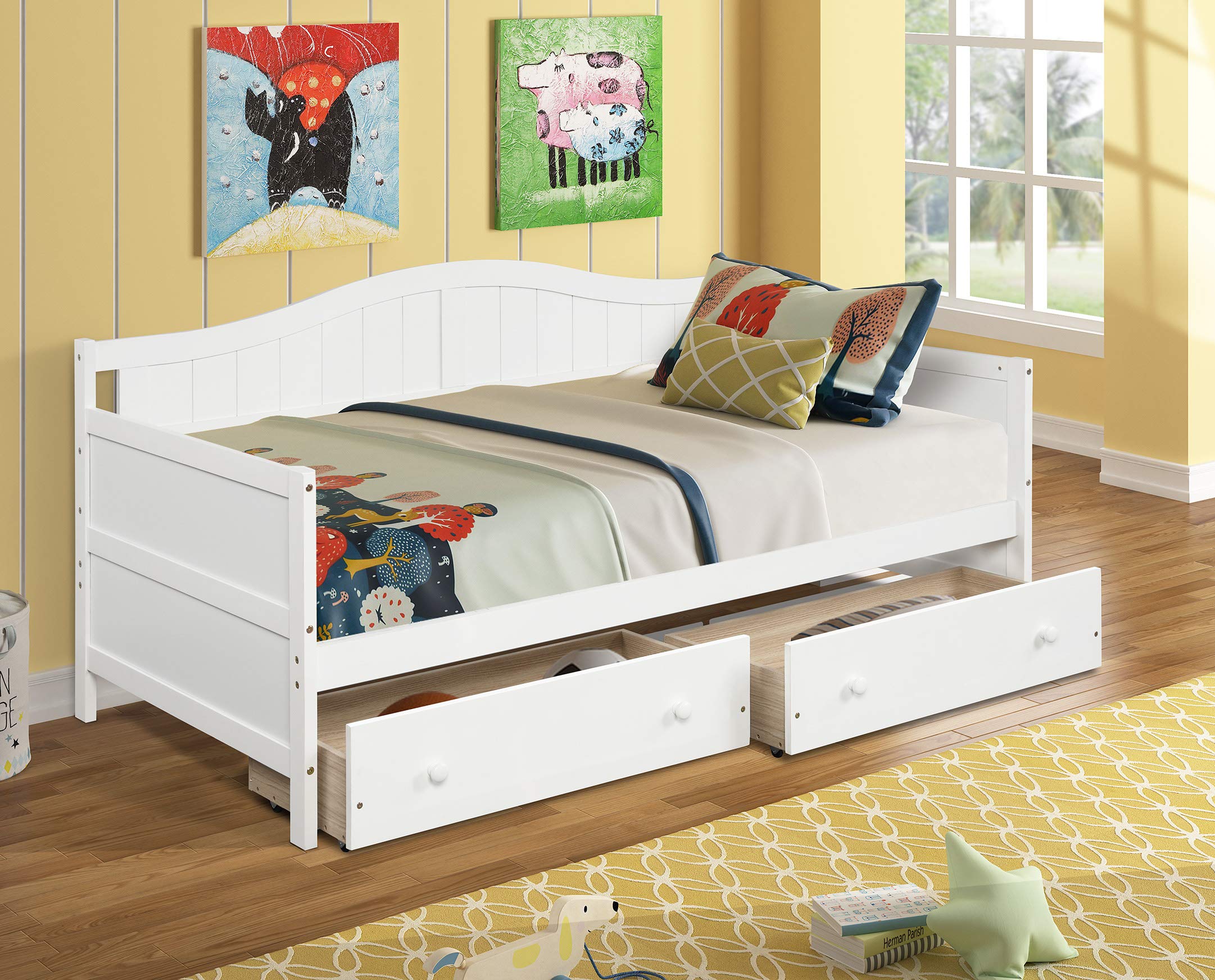 Hanway Twin Daybed with 2 Drawers - Solid Pine Wood Frame - Extra Storage Space - Durable White Painted Design for Bedroom, Guest Room or Kids Room