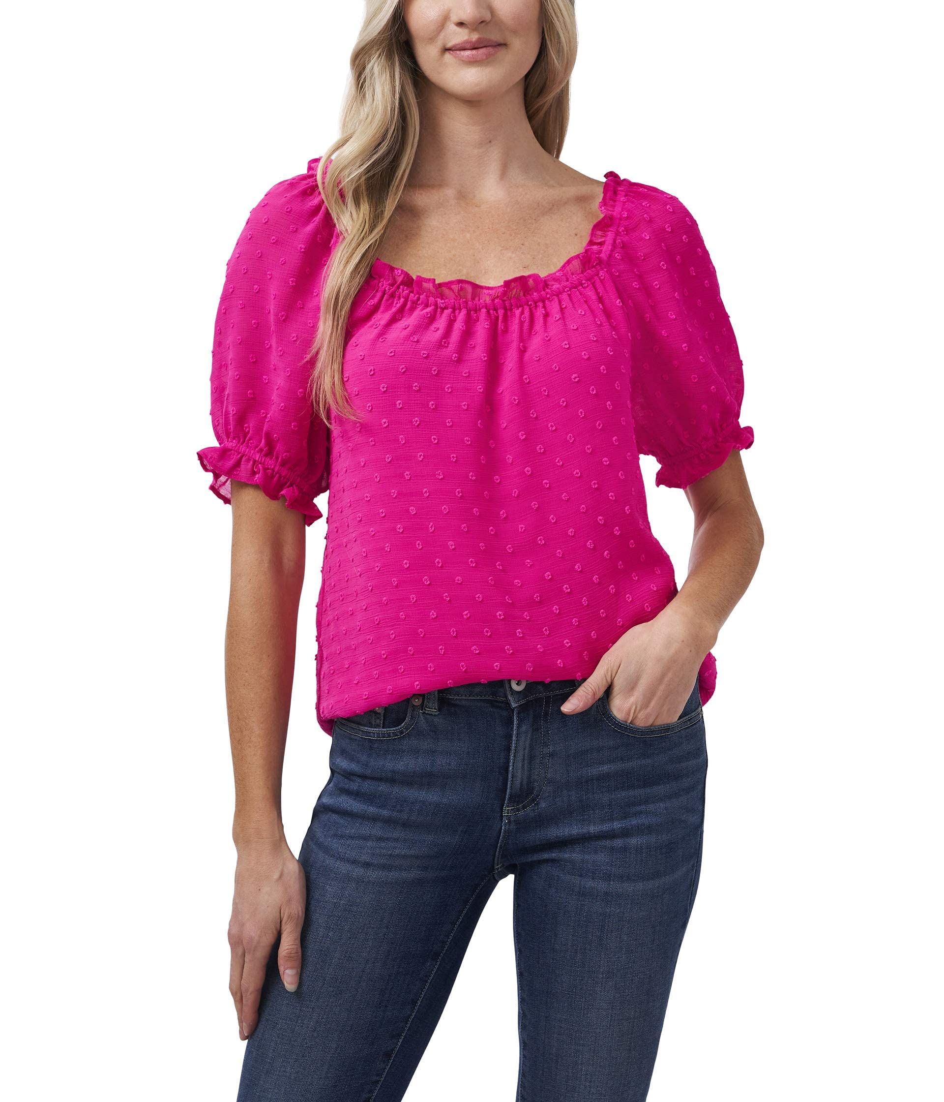 CeCe Women's Puff Sleeve Square Neck Blouse - Bright Rose XS | Elegant Casual Top for Office, Date Night & Spring Outfits