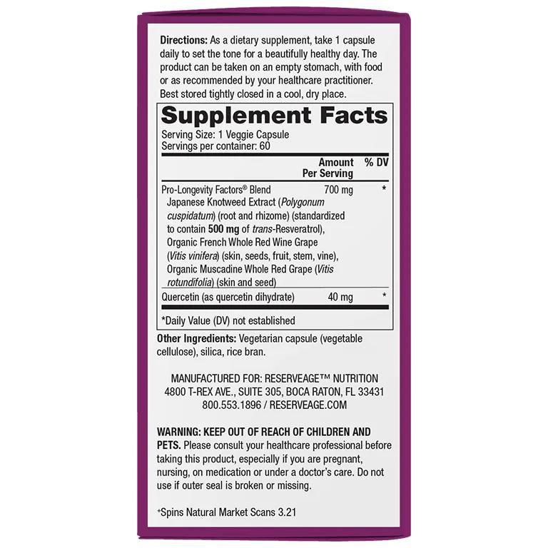 Reserveage Beauty Resveratrol 500mg - 4 Hour Sustained Release Anti-Aging Supplement for Skin & Hair - Supports Collagen Production & Cellular Health - Perfect for Daily Wellness Routine & Anti-Wrinkle Care
