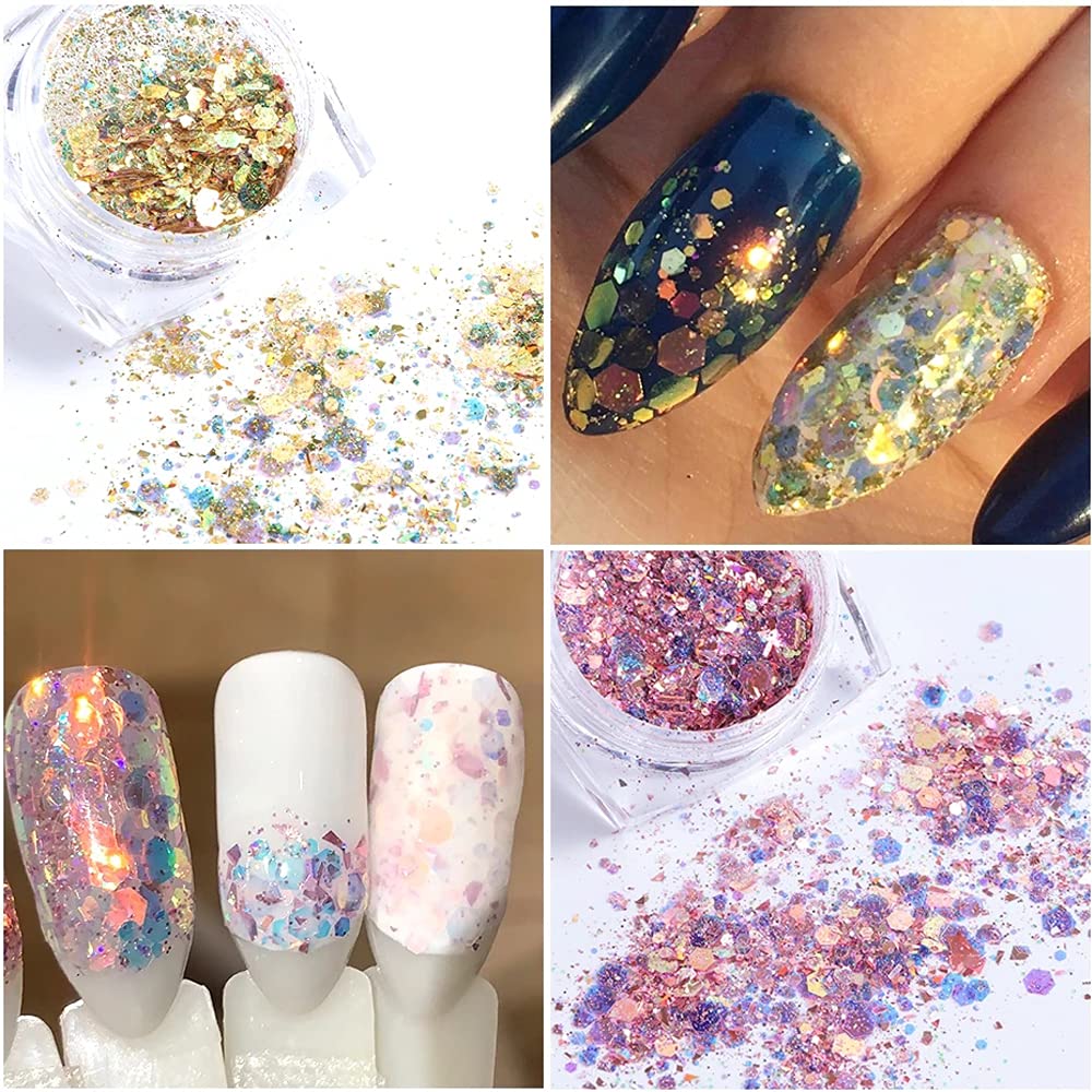 Holographic Acrylic Nail Art Kit - 6 Boxes Glitter Powder Set with 3D Flakes for Professional Nail Designs | Perfect for Salon, DIY Manicures & Special Occasions