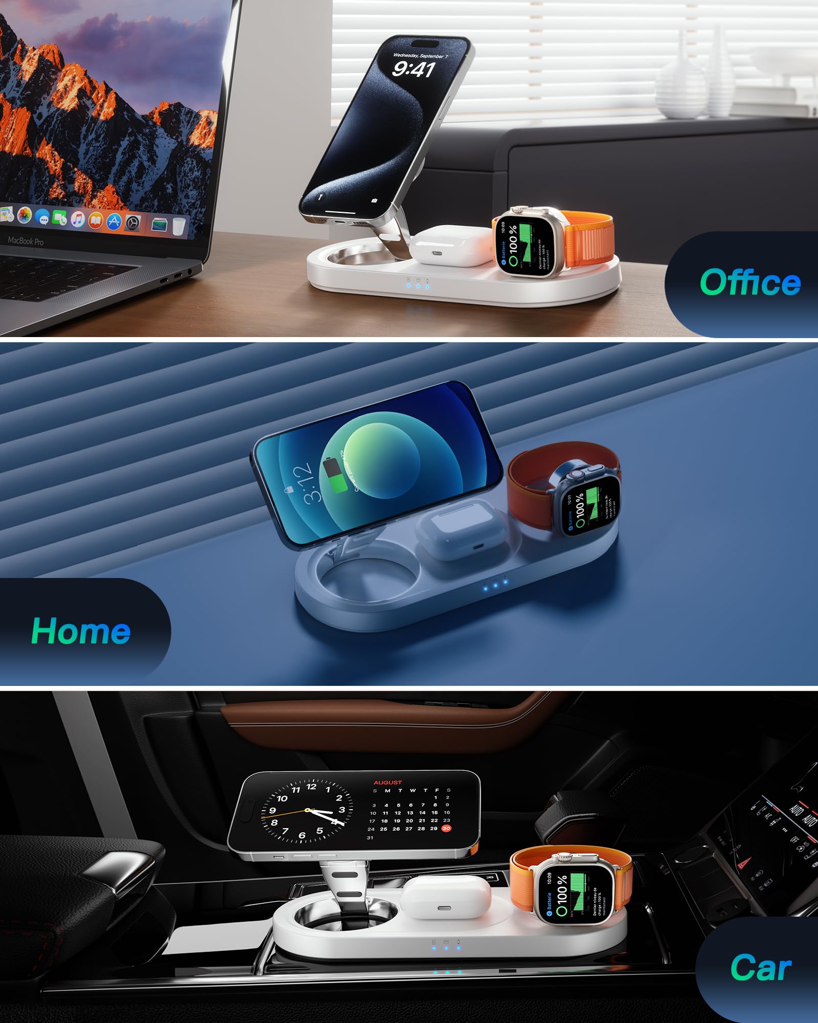 3 in 1 Magnetic Wireless Charger Stand for iPhone 16/15/14/13/12 Series, AirPods Pro & Apple Watch - Fast MagSafe Charging Station with Nano Technology - Perfect for Bedside, Office & Travel (White)