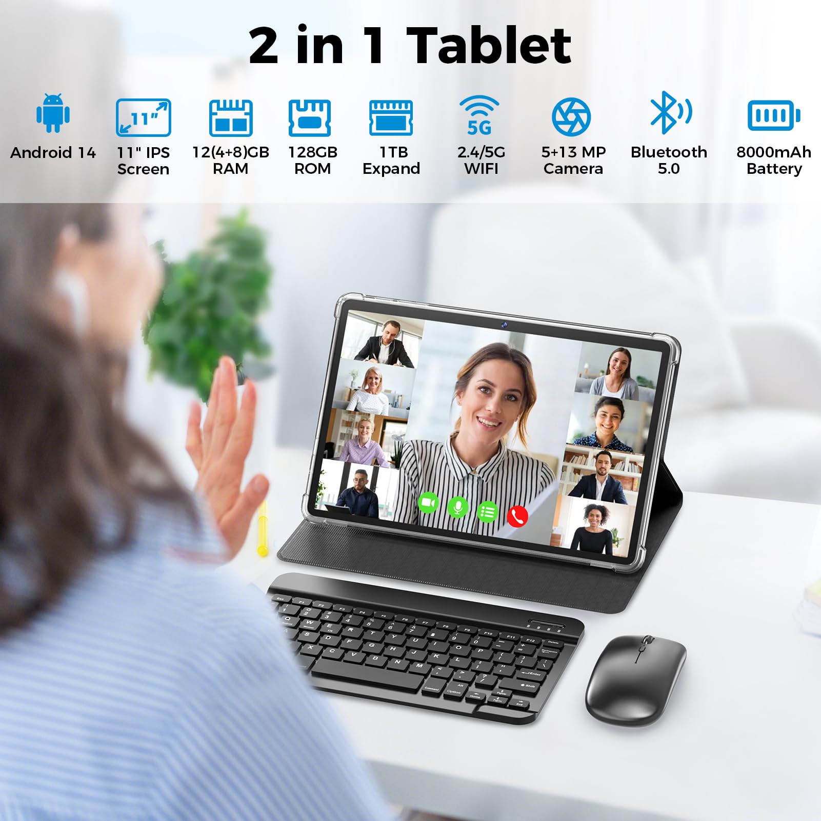 11 Inch Android 14 Tablet with Keyboard - 12GB RAM 128GB Storage (Expandable to 1TB), 8000mAh Battery, Dual Camera (5MP+13MP), Dual-Band WiFi, IPS Touchscreen - 2-in-1 Convertible Tablet with Protective Case, Wireless Mouse & Stylus (Black) | Perfect for Work, Study, Streaming & Travel