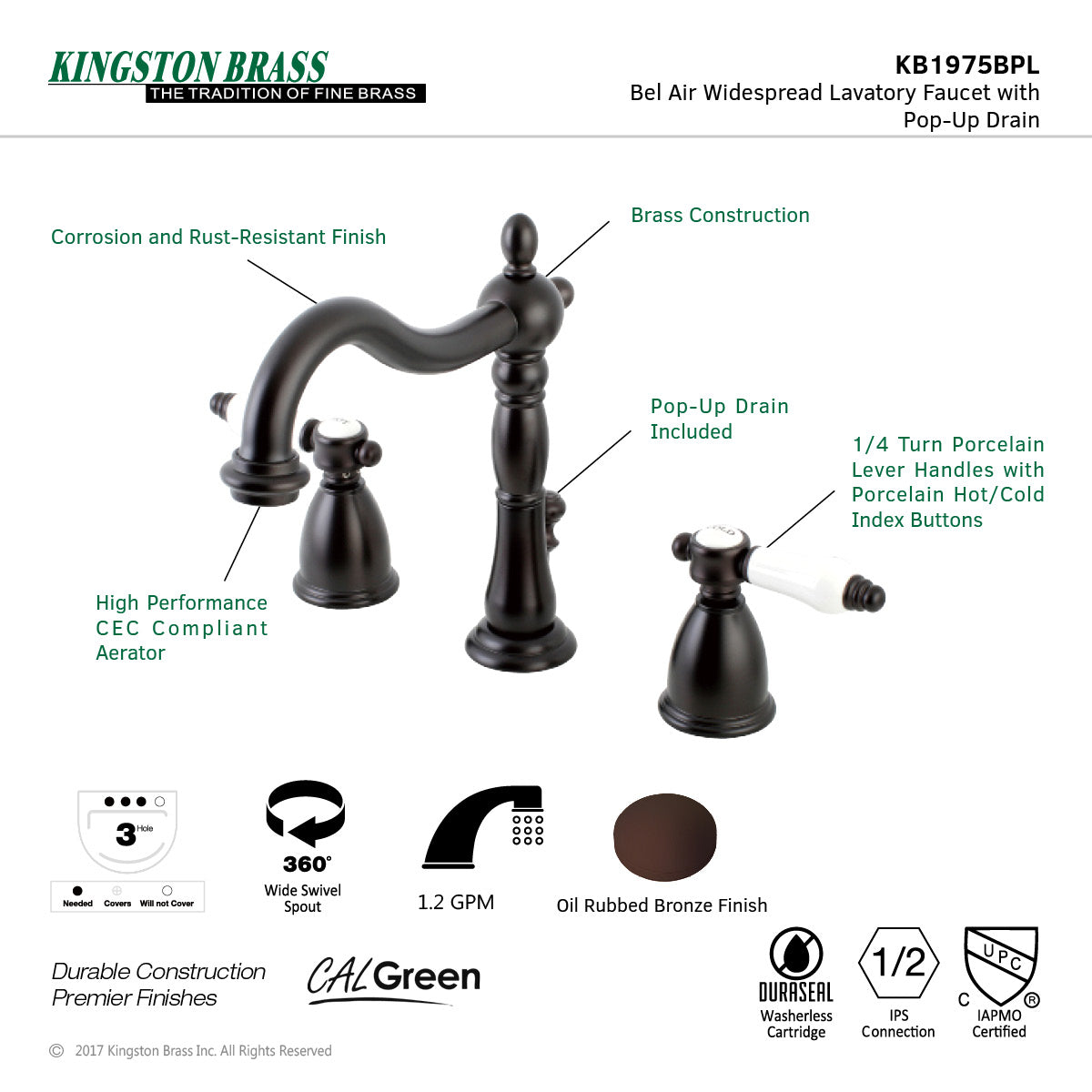Bel Air KB1975BPL Oil Rubbed Bronze Widespread Bathroom Faucet - 2 Handle 3 Hole Deck Mount with Pop Up Drain - Perfect for Modern Bathroom Vanities and Powder Rooms