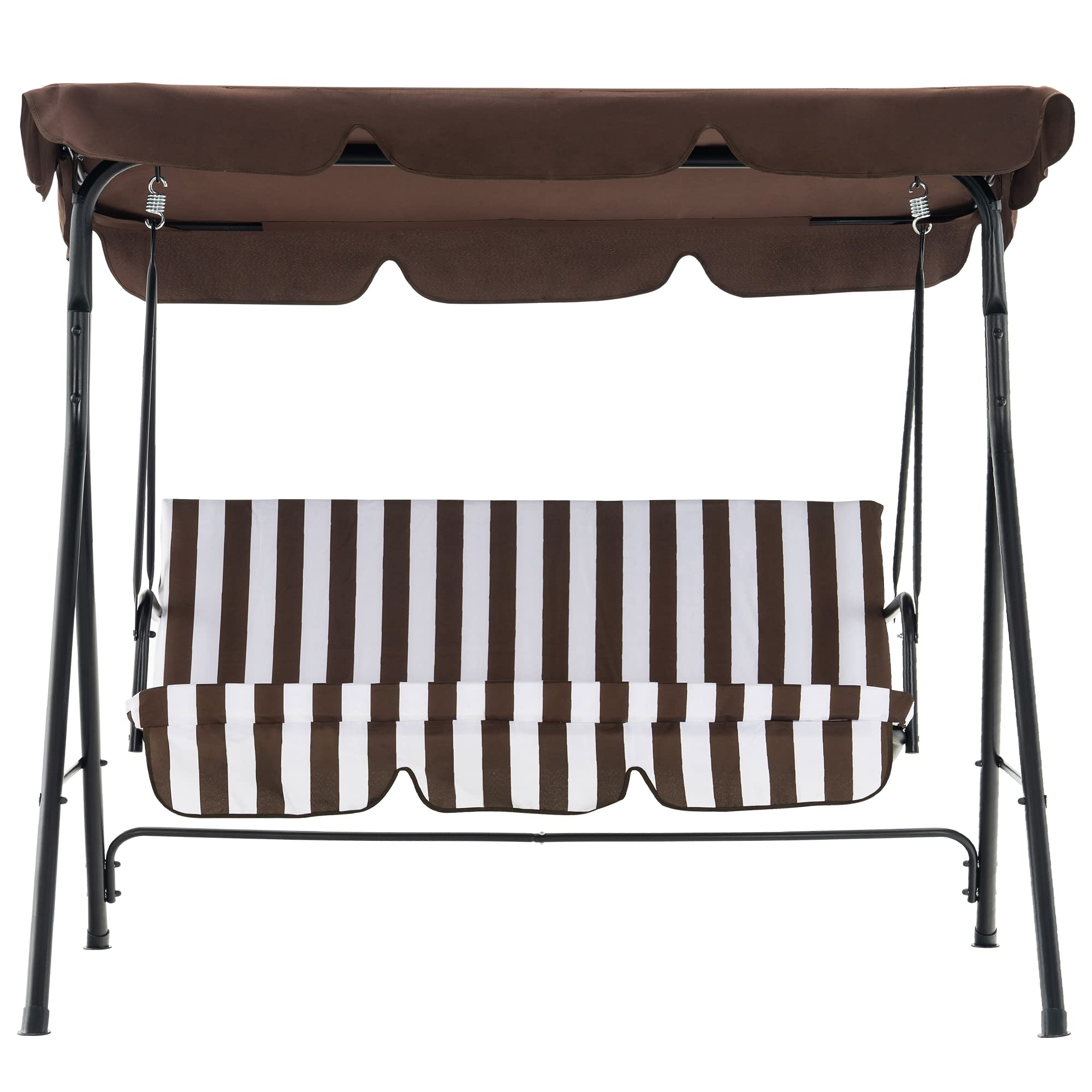 MCombo 2-3 Person Outdoor Patio Swing Chair with Canopy & Steel Stand - Removable Cushions, Weather-Resistant, for Backyard, Garden, Balcony, Porch (Brown with White Stripes) - Perfect for Relaxing, Lounging & Enjoying Summer Breezes