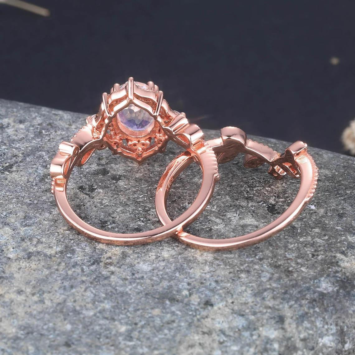 Rose Gold Oval Moonstone Engagement Ring Set with Diamond Eternity Band - Stackable Crown Ring for June Birthstone - Perfect for Weddings, Anniversaries & Special Occasions