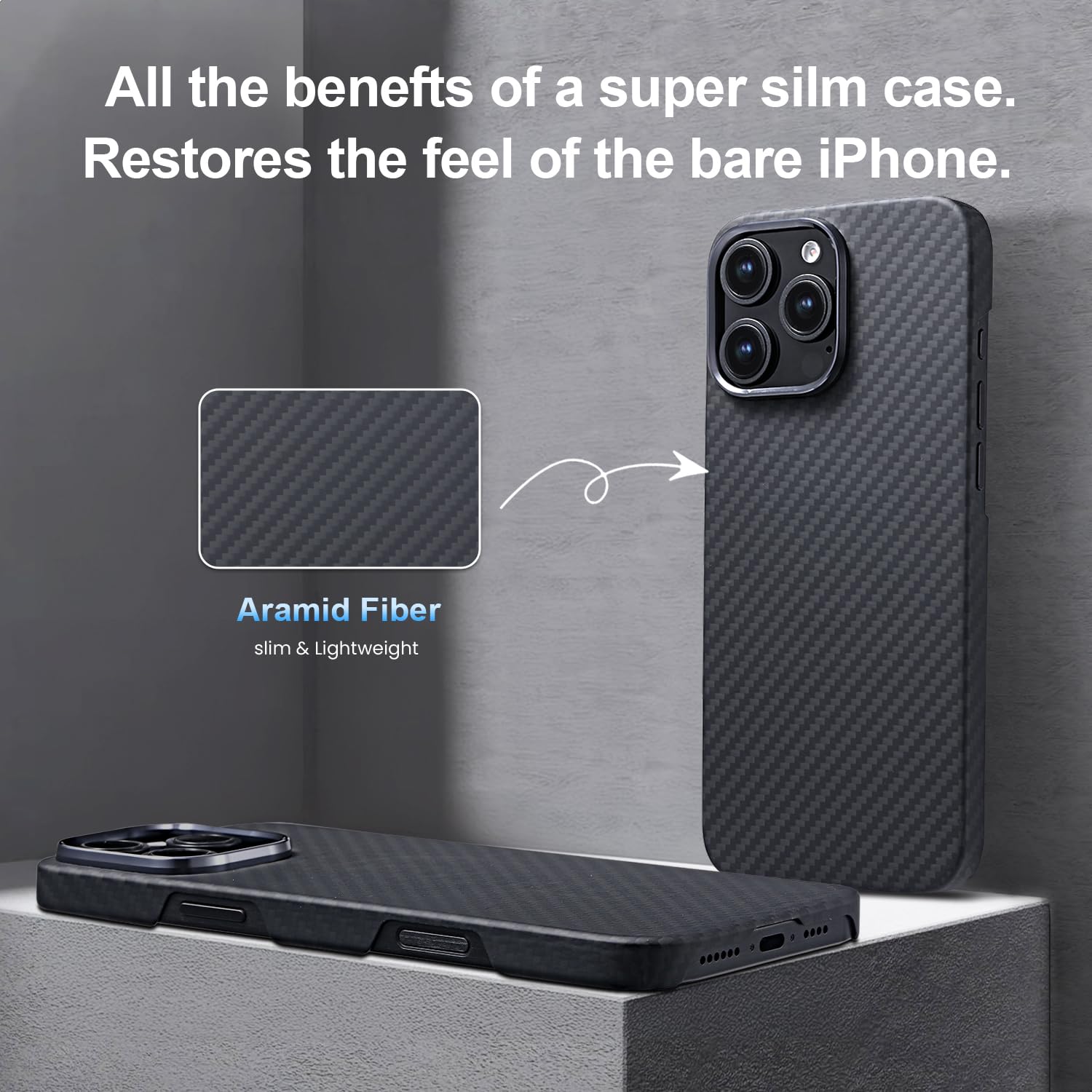 GESIHOPY Aramid Fiber iPhone 16 Pro Case - Magnetic Compatible, Ultra Slim & Lightweight Protective Cover with Case-Less Touch Feel (Black/Grey Twill) | Perfect for Work, Travel & Everyday Use
