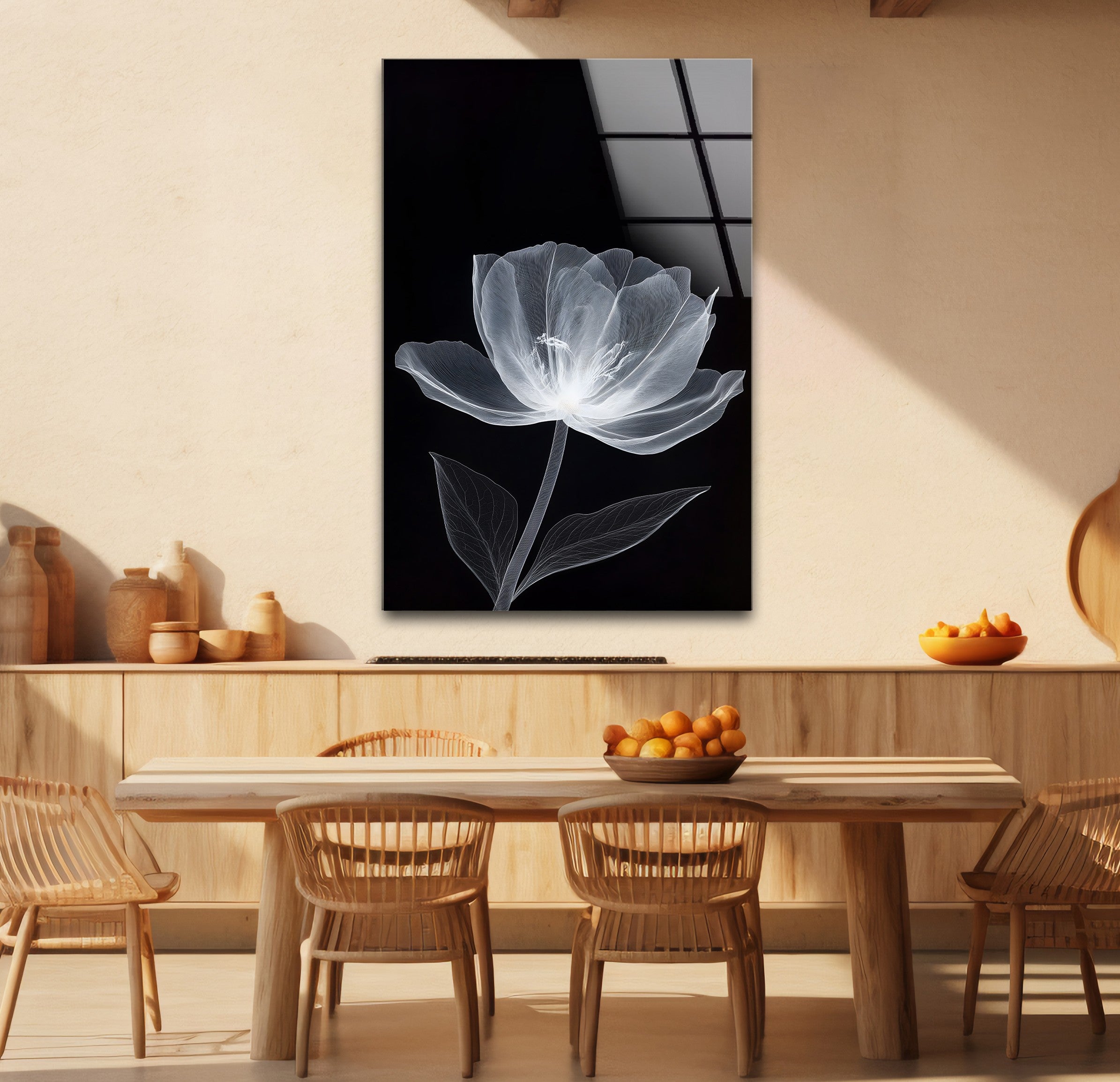 Black and White Minimal Floral Glass Wall Art - Modern Home Decor for Living Room, Bedroom & Office - Elegant Framed Glass Painting for Housewarming Gifts