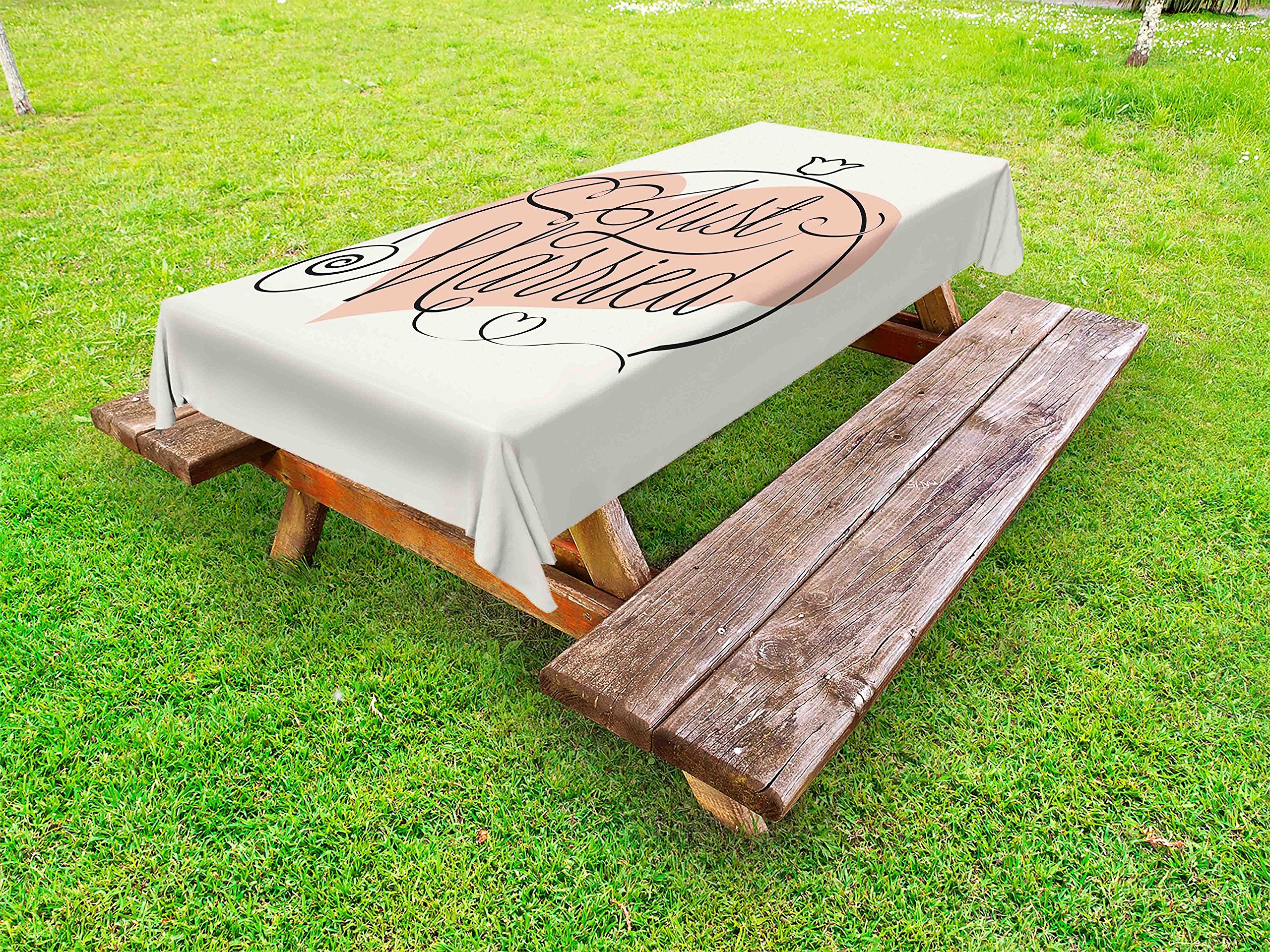 Ambesonne Wedding Tablecloth - Just Married Pink Heart Tulip Floral Print, Washable Outdoor Picnic Table Cover 58x84 Inches, Coral Black White Design - Perfect for Bridal Showers, Garden Parties & Anniversary Celebrations