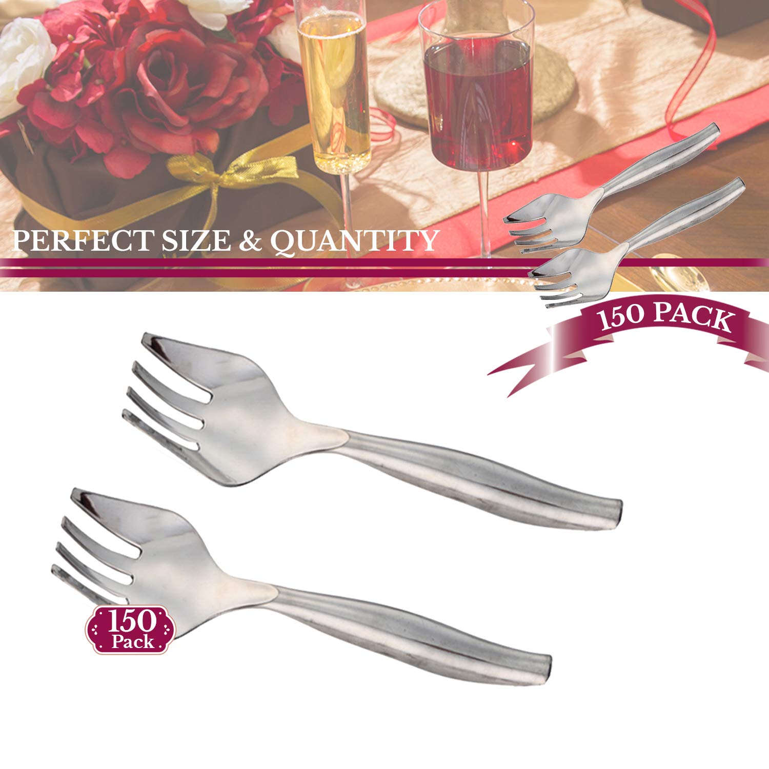 Disposable Plastic Serving Forks - 150 Pack Silver Flatware Set for Wedding, Birthday Party, Catering & Events | Durable Dinnerware for Buffets, BBQs, Picnics & Outdoor Dining