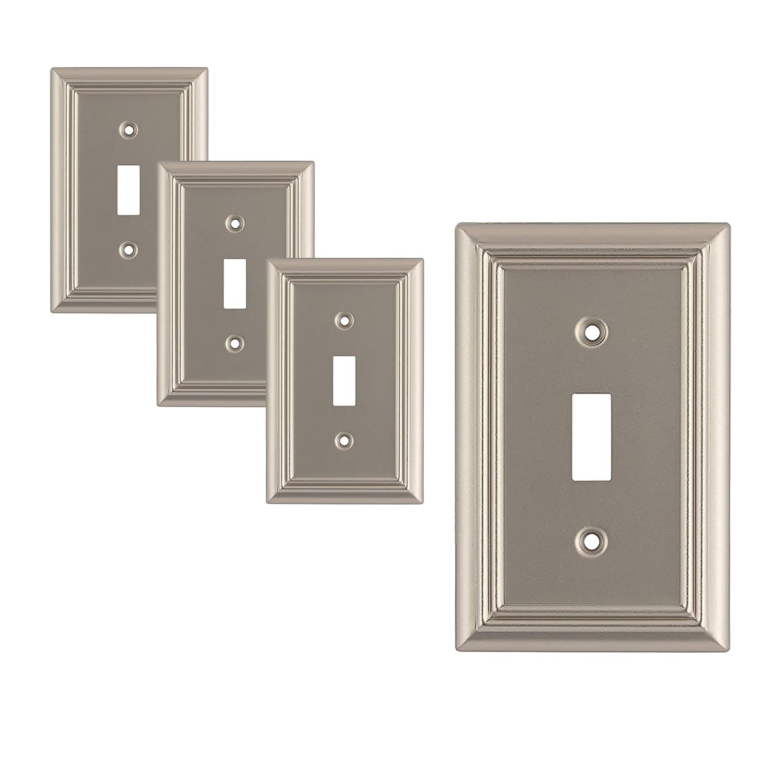 SLEEKLIGHTING Brushed Nickel Outlet Covers and Switch Plates - Decorative Wall Plate Light Switch Cover Beveled Edge - Variety of Styles (Decorator/Duplex/Toggle/Combo) - 1 Gang Toggle Size (4 Pack) - Perfect for Home, Office & Commercial Electrical Upgrades