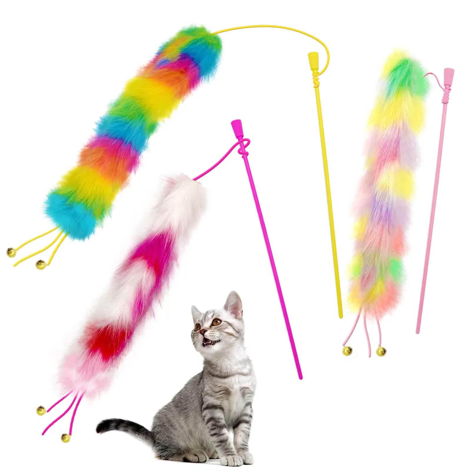 Lepawit 3 Pack Interactive Cat Wand Toy with Rainbow Feathers, Bells & Soft Furry Tail - Engaging Teaser Toy for Indoor Cats, Kittens & Kitties - Perfect for Playtime, Exercise & Bonding with Your Feline Friend