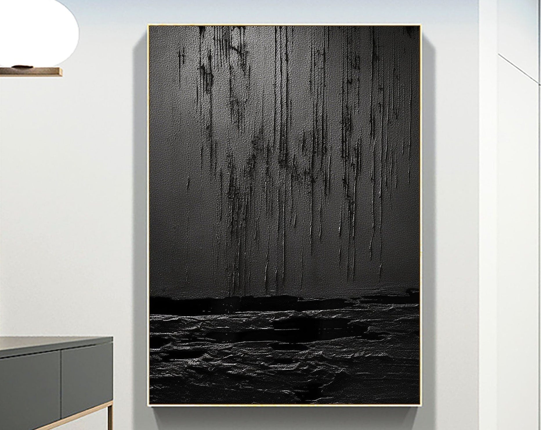 Black Minimalist Textured Painting Canvas - Modern Abstract Wall Art for Home & Office Decor - Perfect for Living Room, Bedroom, and Office Spaces