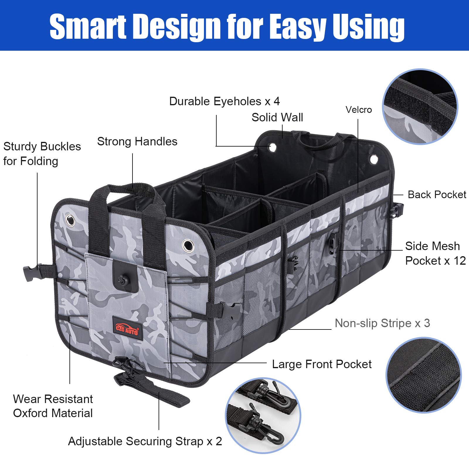 Collapsible Car Trunk Organizer with 6 Compartments - Waterproof Cargo Storage for SUV, Truck & Vehicle - Portable Auto Organizer (Camouflage) | Perfect for Road Trips, Grocery Shopping & Outdoor Adventures