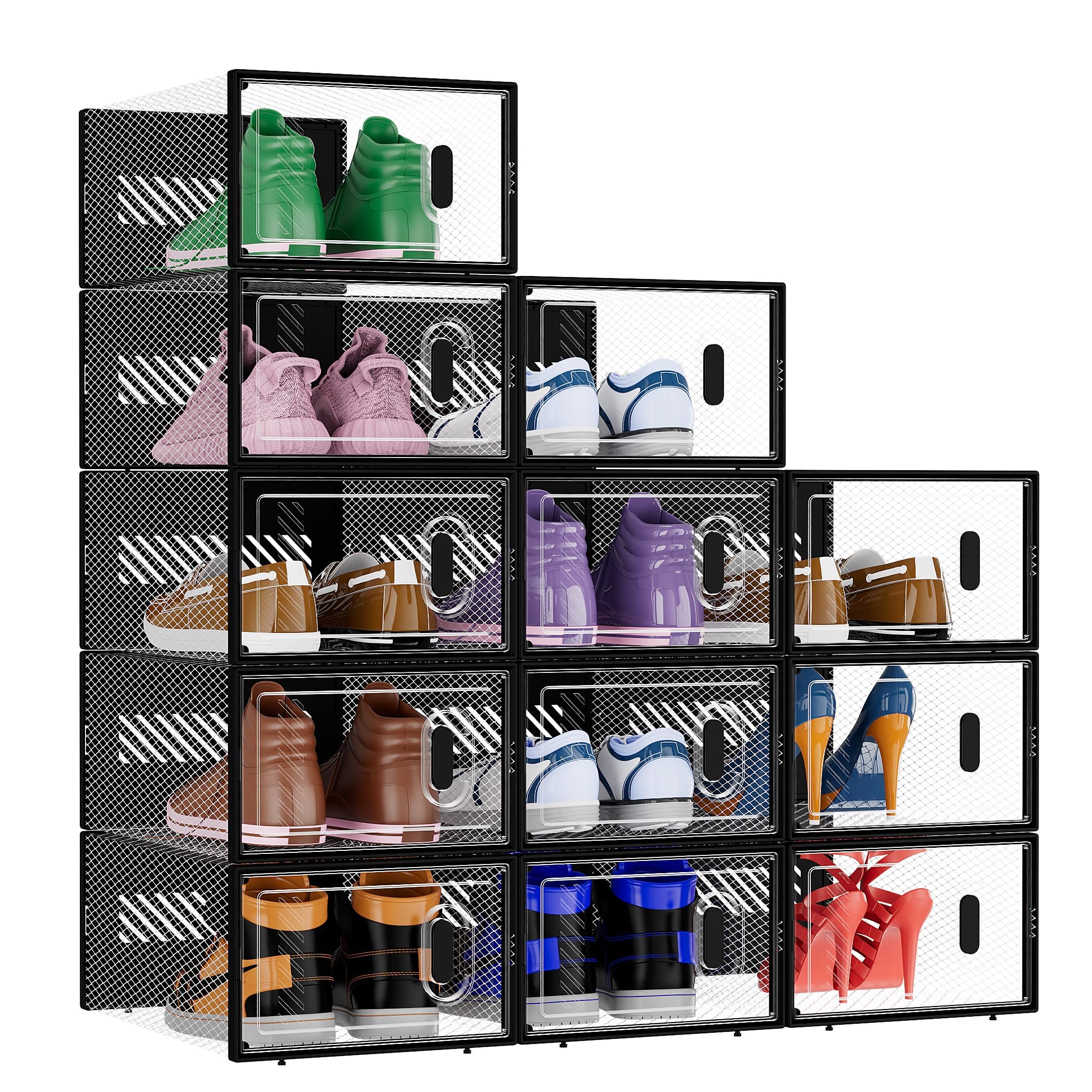 BALEINE 12 Pack Stackable Clear Shoe Storage Boxes with Lids - Foldable Plastic Shoe Organizer for Sneakers, Boots & Heels (Fits Size 9, Large Black) - Perfect for Closet, Bedroom & Entryway Organization
