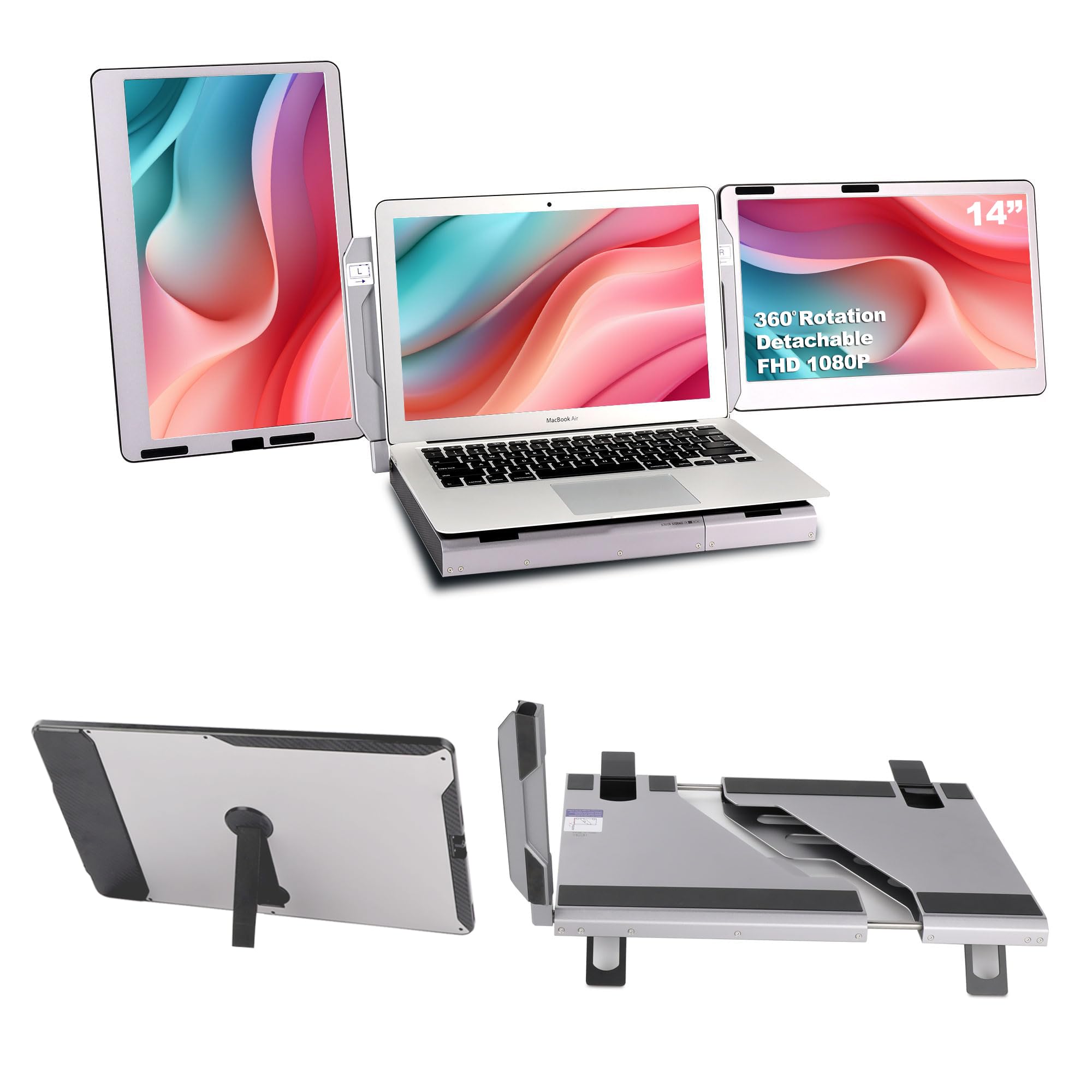 14 Inch Alecewey F2 Triple Portable Laptop Monitor Extender - Adjustable Stand, Full Angle View, Plug & Play USB-C/HDMI - Compatible with Windows & Mac - Perfect for Work, Gaming & Multitasking