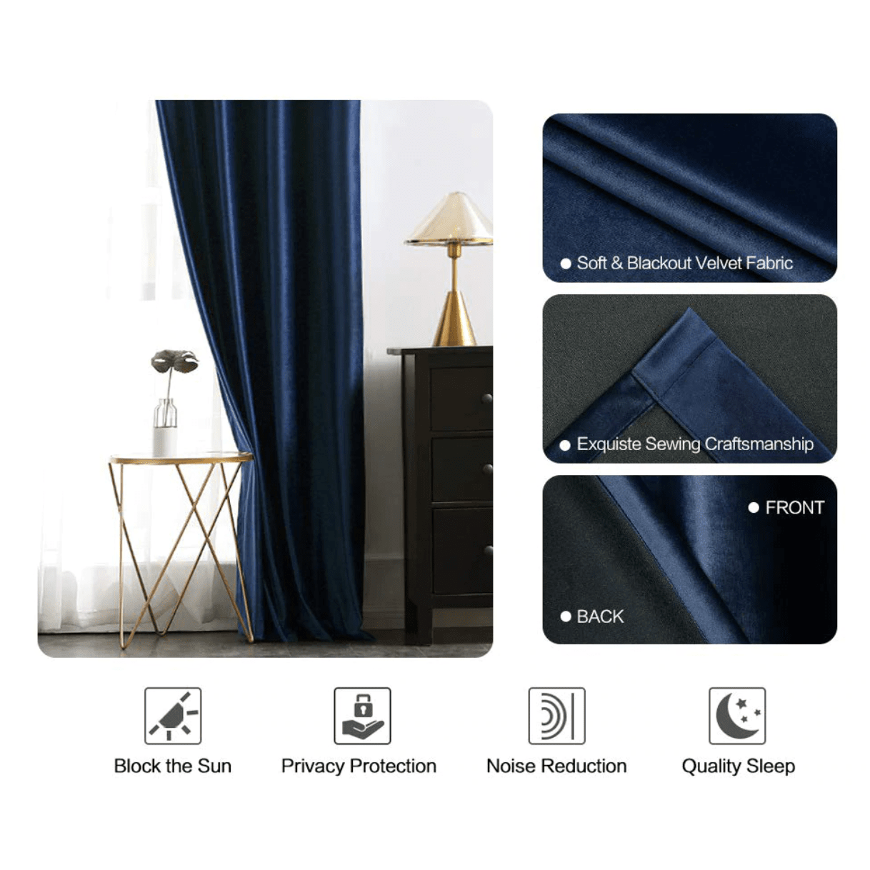 Brittany Velvet Plain Curtains Navy Blue - Blackout Window Drapes for Living Room & Bedroom - Soft Thermal Insulated Panels for Home Decor