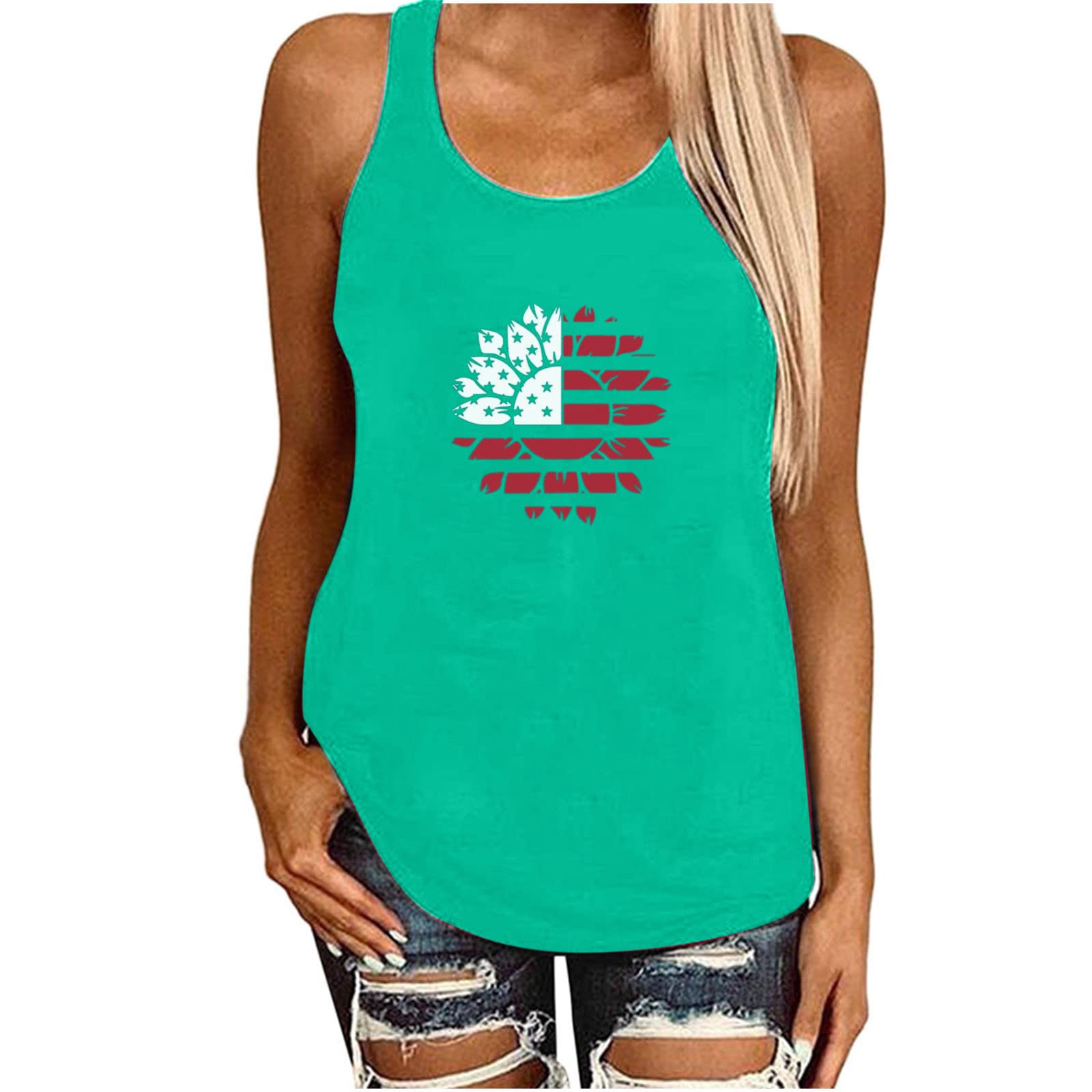 Ceimmol Women's Sunflower USA Flag Print Tank Top - Sleeveless Loose Tunic Tee for Summer, Casual Wear & Yoga | Perfect for July 4th Celebrations, Beach Outings & Outdoor Activities