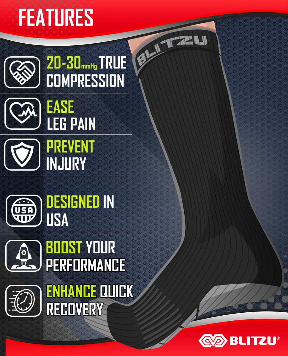 BLITZU Compression Socks for Women & Men - 20-30 mmHg Graduated Support Socks for Improved Circulation, Swelling Relief & Recovery - Best for Running, Travel, Nursing & Pregnancy (Black, Medium)