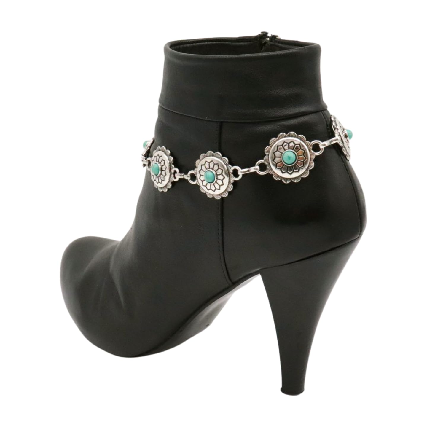 Trendy Western Boot Metal Chain Bracelet & Anklet for Women - Silver Turquoise Bead Charm Wrap Around Flower Jewelry - Perfect for Cowgirl Outfits, Country Concerts & Boho Fashion