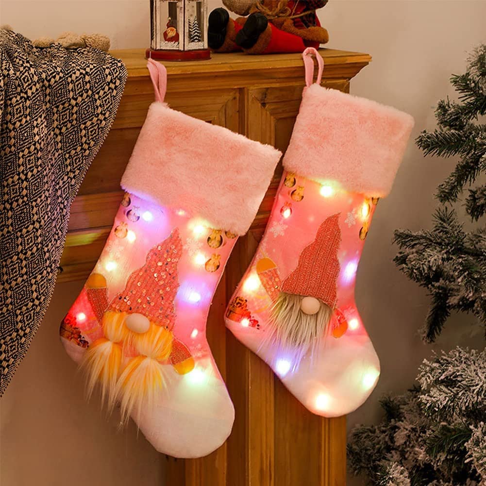 UOZACCY Large Christmas Stockings Set of 2 for Adults & Kids - Nordic Fluffy Gonk Gnome Elf Stockings with LED Fairy Lights - Perfect for Fireplace Mantel Decor, Holiday Gift Hanging & Festive Home Decoration