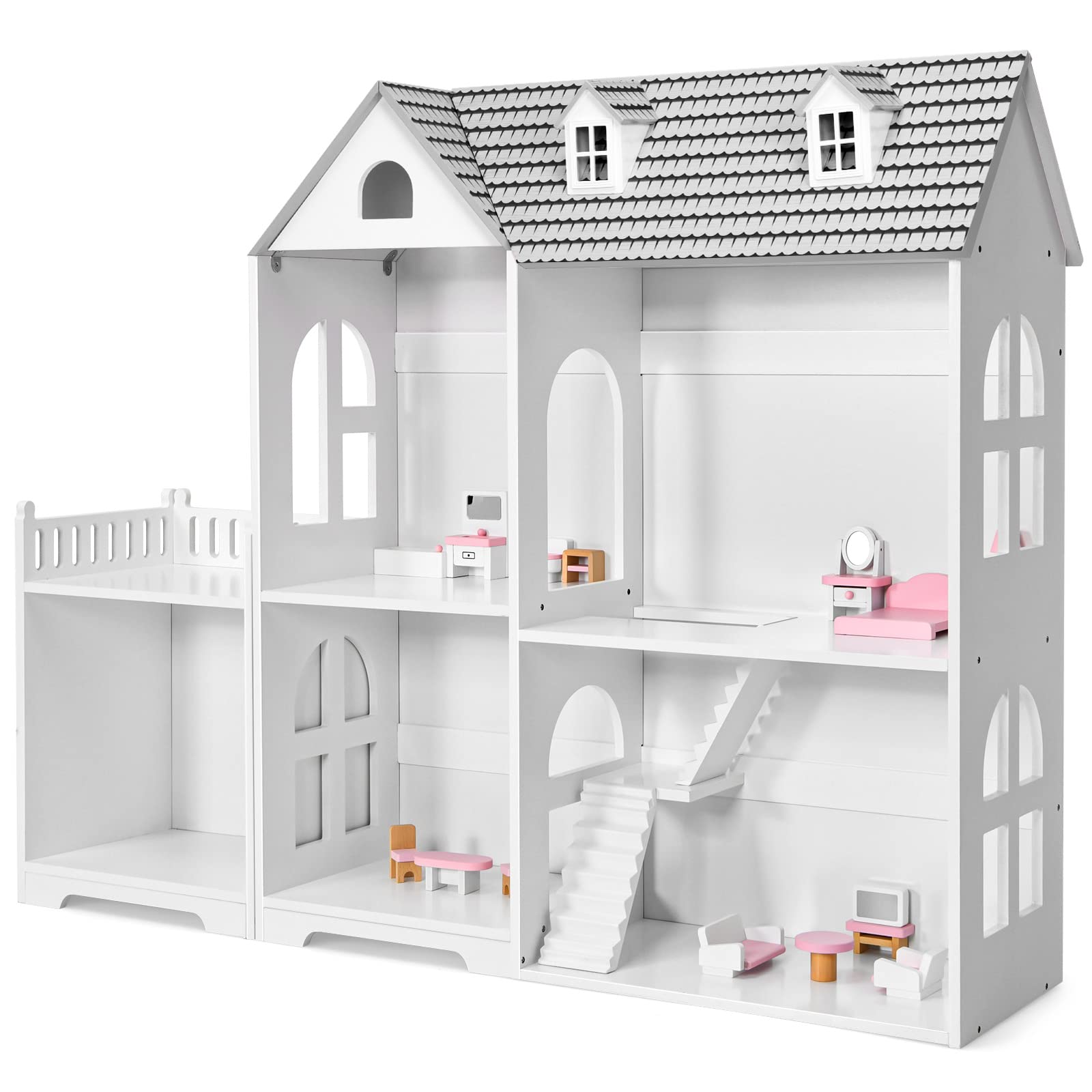 Costzon 2-in-1 Wooden Dollhouse & Bookcase for Kids - 5 Room Cottage Design with Hidden Storage & 14-Piece Furniture Set - Pretend Play Toy for Toddlers, Nursery & Playroom - Perfect Gift for Girls & Boys (Grey) | Great for Imaginative Play, Room Decor & Educational Development