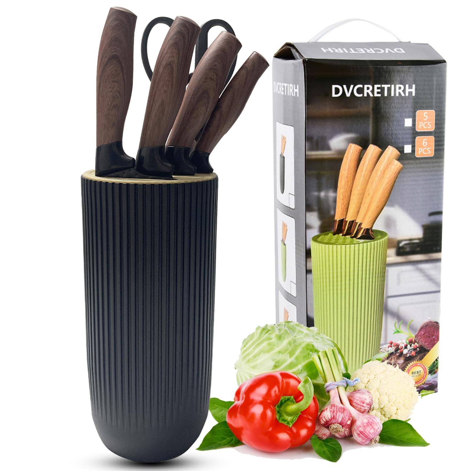 Premium 6-Piece Kitchen Knife Set with Wooden Block - Professional Chef Knives for Slicing, Dicing & Chopping - Perfect for Home Cooking, Restaurant Use & Gift Giving (Black)