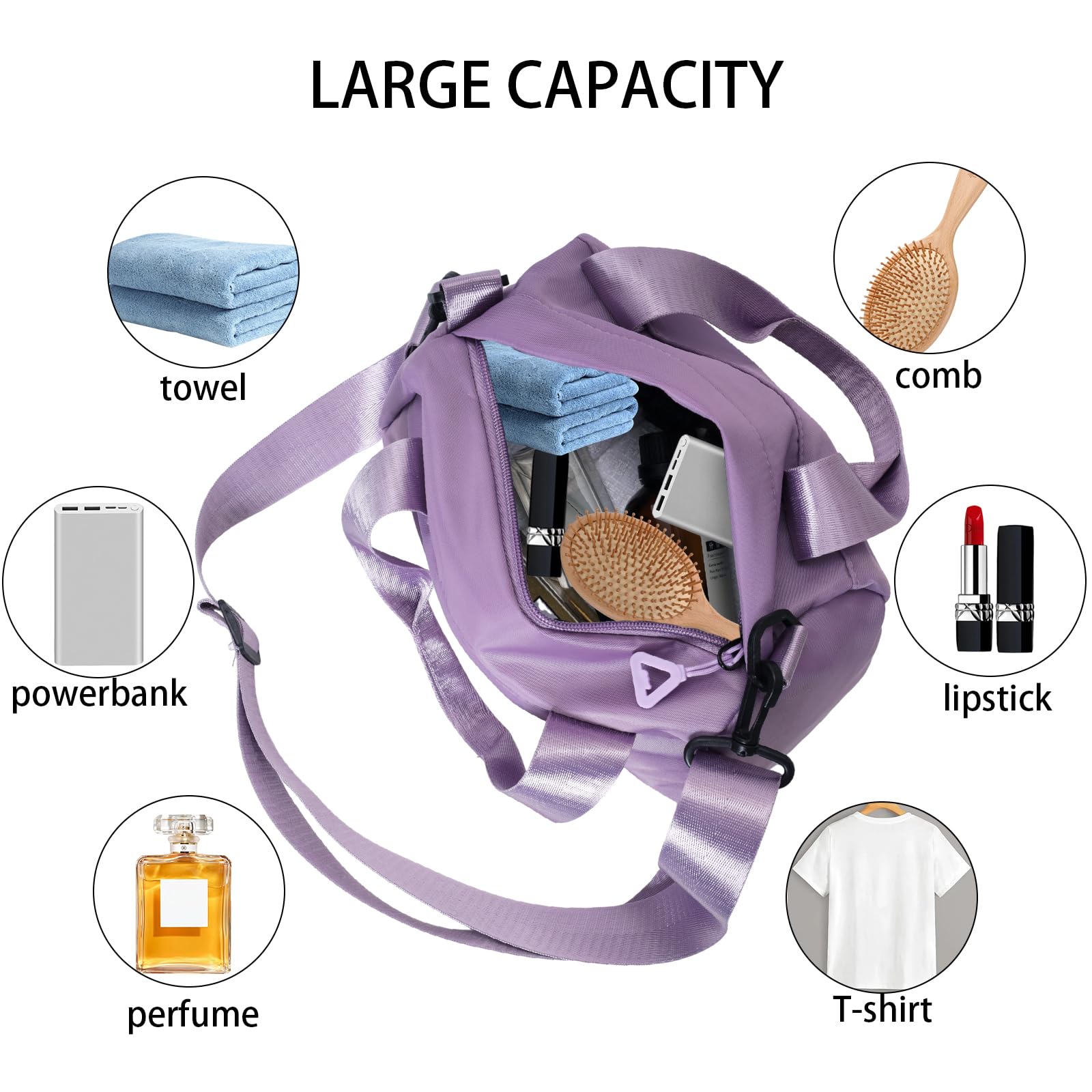 Mini Black Gym Bag for Women - Adjustable Small Duffle Bag with Detachable Strap, Lightweight Sports Tote (Purple) - Perfect for Gym, Yoga, Travel & Workout Essentials