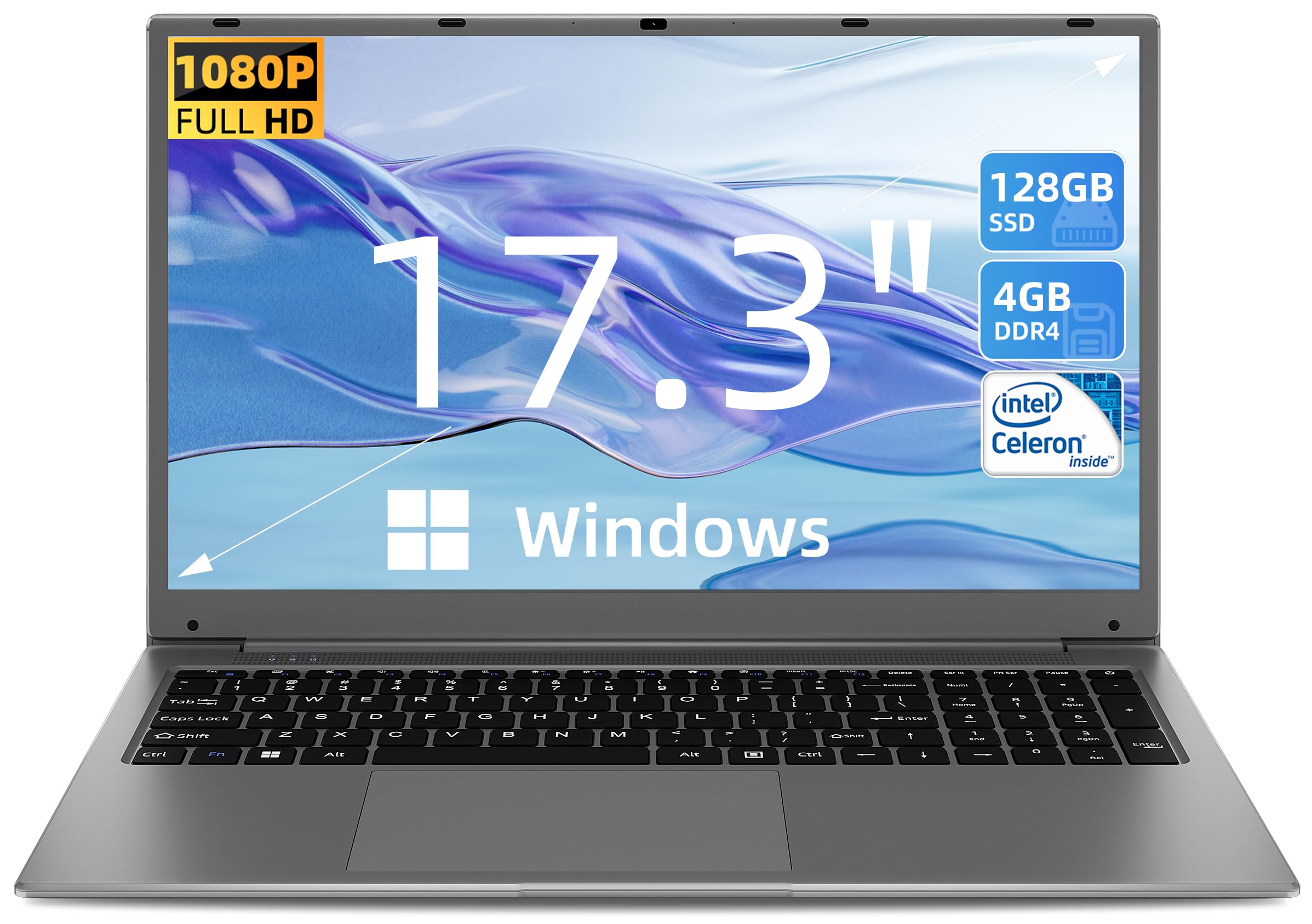 SGIN 17 Inch Laptop - 4GB RAM, 128GB SSD, Intel Celeron Quad Core Processor, Full HD 1920x1080 IPS Display, Mini HDMI, Webcam, Bluetooth, WiFi, Expandable to 512GB - Perfect for Work, Study & Entertainment