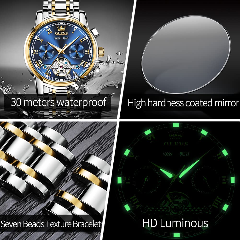 OLEVS Men's Self-Winding Automatic Tourbillon Watch - Luxury Mechanical Dress Watch with Stainless Steel Band, Luminous Hands, Waterproof - Perfect for Business, Formal Events & Gifts