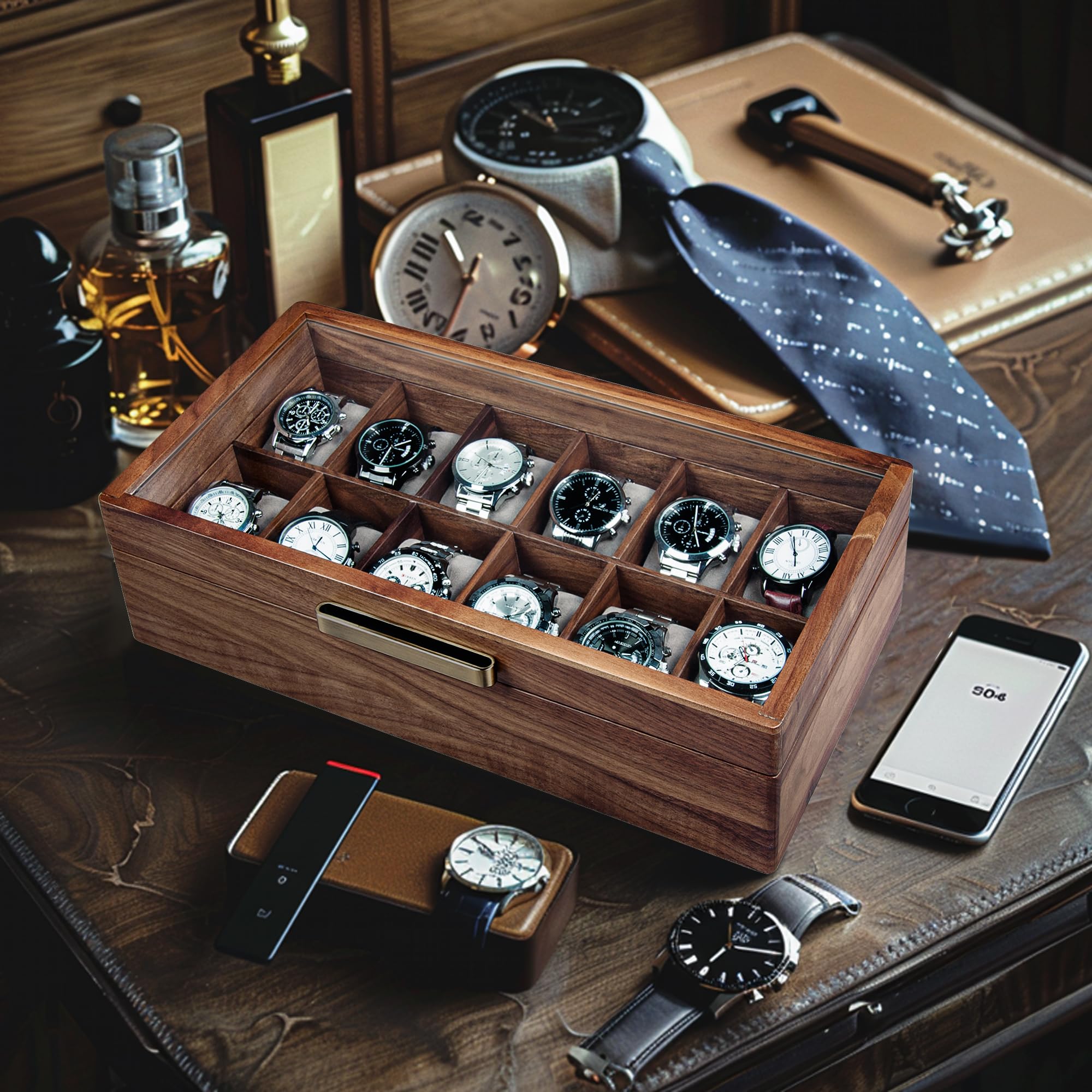 Premium Black Walnut Wood Watch Case for Men - 12-Slot Luxury Watch Box with Glass Lid & Soft Watch Pillows | Elegant Watch Holder, Display Case & Storage Organizer | Perfect for Watch Collectors, Gifts & Home Décor