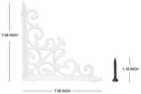 7 Inch White Cast Iron Decorative Shelf Bracket - Set of 2 - Heavy Duty Wall Mount Brackets for Floating Shelves, Bookshelves & Home Decor
