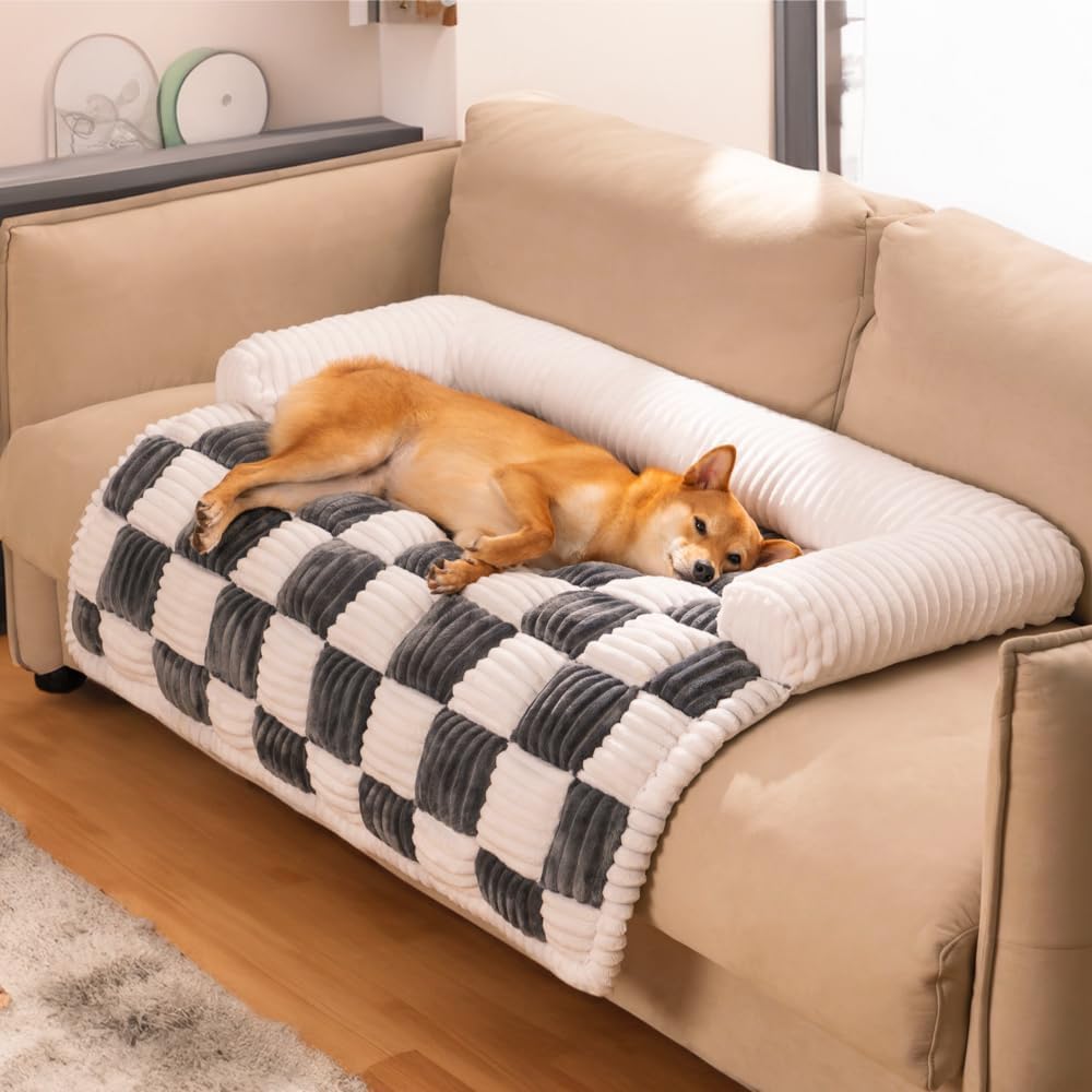 **Funny Pet Couch Cover for Dogs & Cats - Soft Fuzzy Sofa Protector, Cream Plaid Cozy Dog Mat (47.24