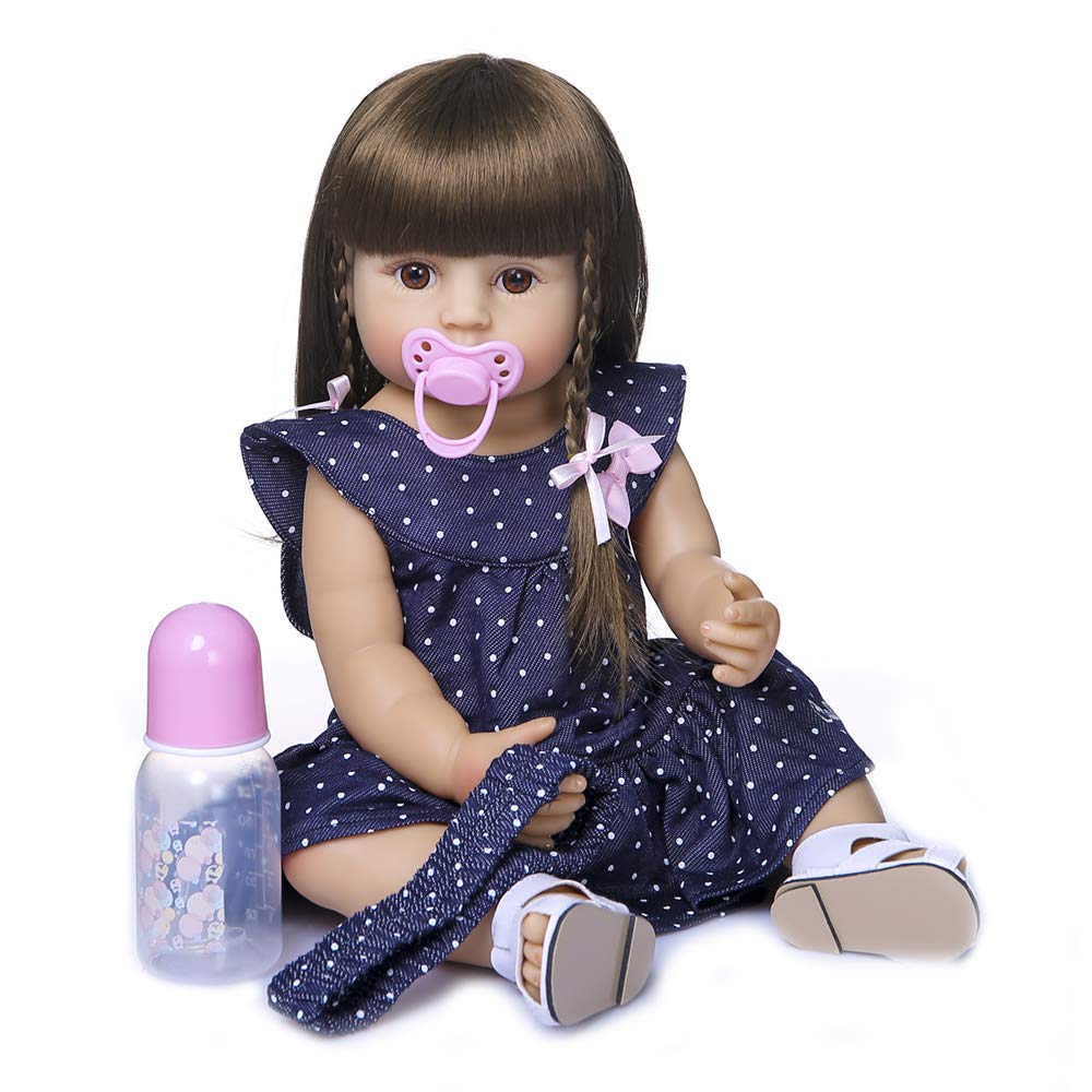 RXDOLL 22 Inch Realistic Reborn Baby Girl Doll - Lifelike Silicone Newborn Toddler with Long Hair & Dark Blue Dress - Perfect Gift for Collectors, Photography, Nursery Decor, and Role Play