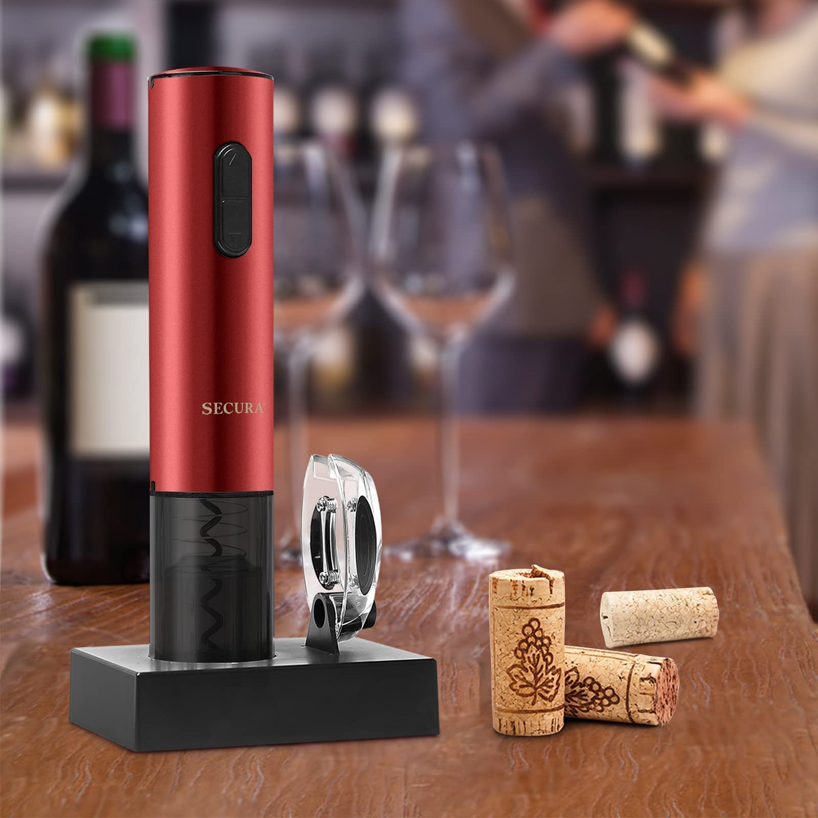Secura Rechargeable Automatic Electric Wine Bottle Opener with Foil Cutter - Cordless Corkscrew for Red Wine, White Wine & Champagne - Perfect for Home, Parties & Gifts (Red)