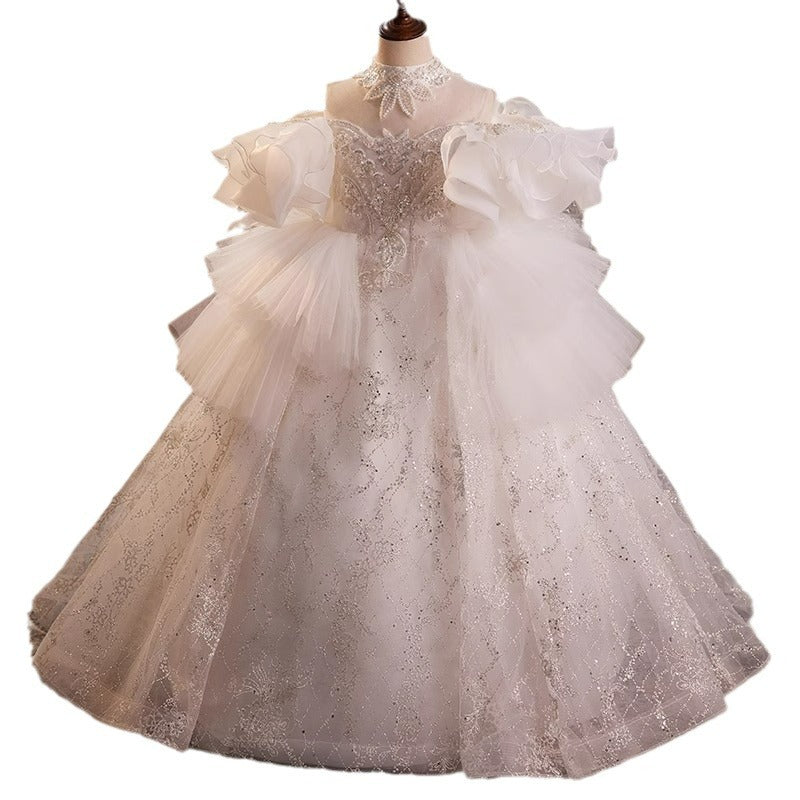 Elegant White Lace Puff Sleeve Princess Dress for Baby Girls - Toddler First Communion Dress - Perfect for Baptism, Christening & Special Occasions
