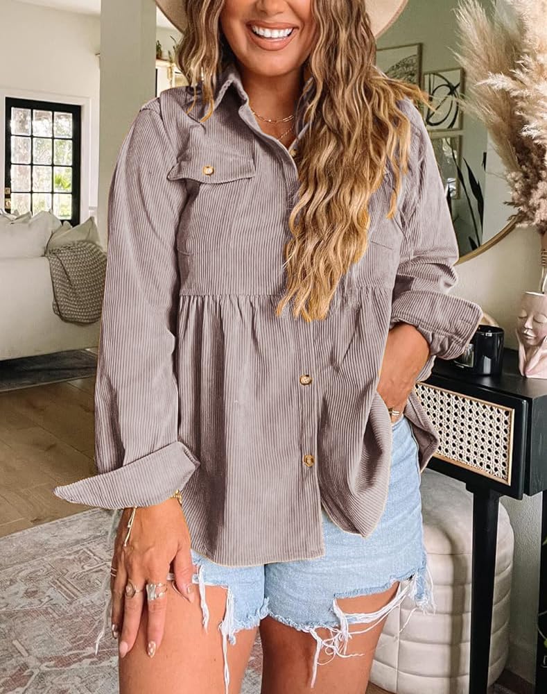 Women's Corduroy Peplum Top - Cute Long Sleeve Button Down Blouse with Pockets | Casual Office Wear & Fall Fashion Outfit