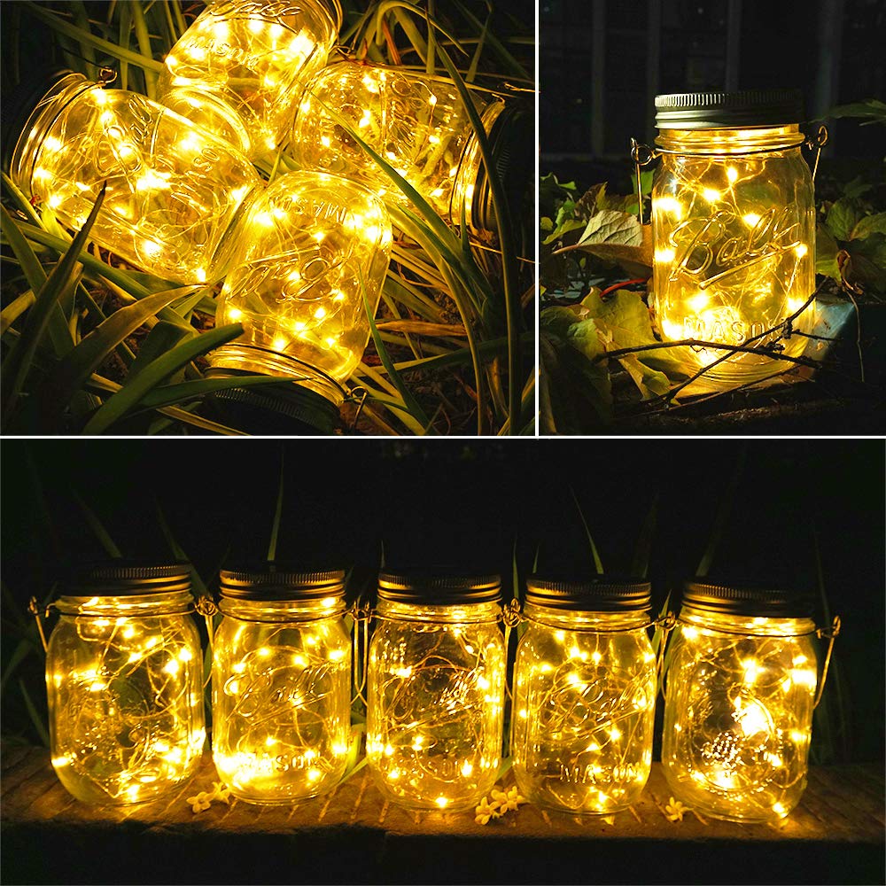 SunKite 8 Pack Solar Mason Jar Lights - 15 LED Waterproof Fairy Firefly Jar Lid Lights with Hangers (No Jars Included) - Warm White Outdoor String Lights for Patio, Garden, Wedding, Easter & Party Decorations