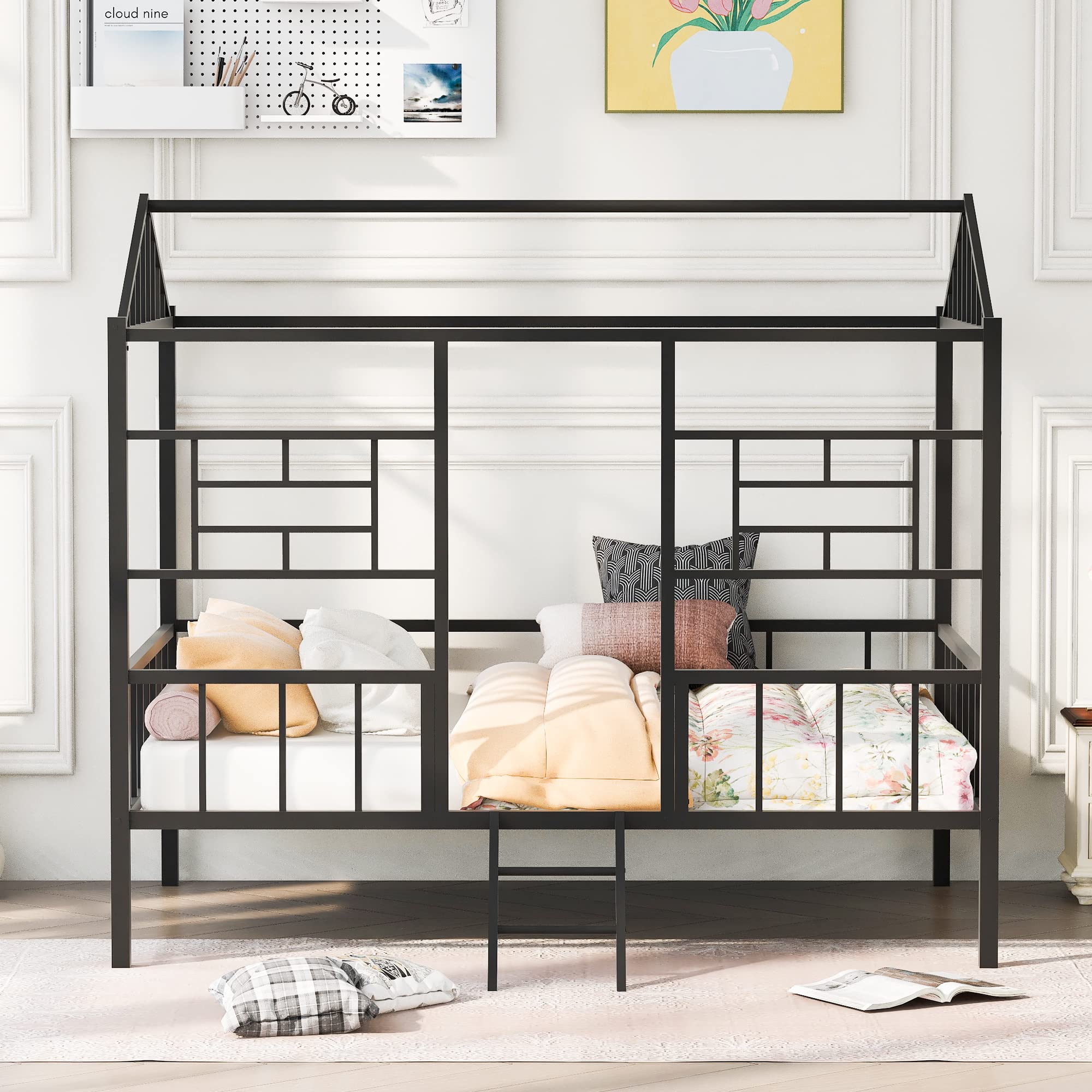 Full Size House Bed Frame for Kids - Sturdy Metal Platform Bed, No Box Spring Needed - Perfect for Boys & Girls Bedroom Decor - Black    Ideal for children's bedrooms, playrooms, or themed nursery decor - Creates a cozy and imaginative sleeping space.