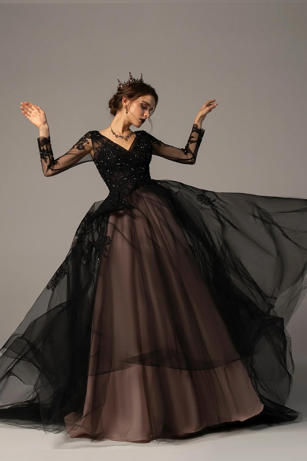 Elegant Black Long Sleeve Lace Wedding Dress for Women - Backless Bridal Gown with Appliques | Perfect for Gothic, Alternative, and Vintage Wedding Ceremonies