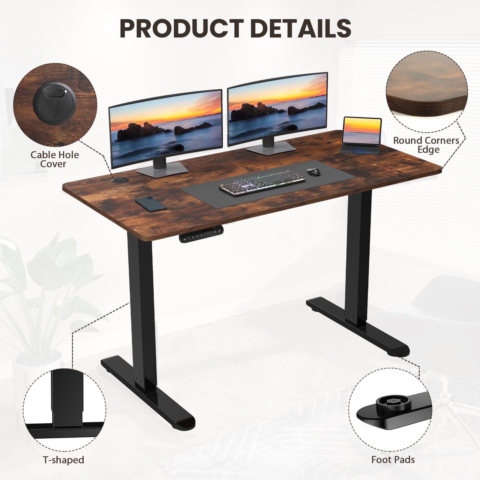 48 x 24 Inch Adjustable Height Standing Desk - Whole-Piece Desktop with 4 Memory Presets, Ergonomic Home Office Desk (Brown) | Perfect for Remote Work, Gaming & Study Spaces