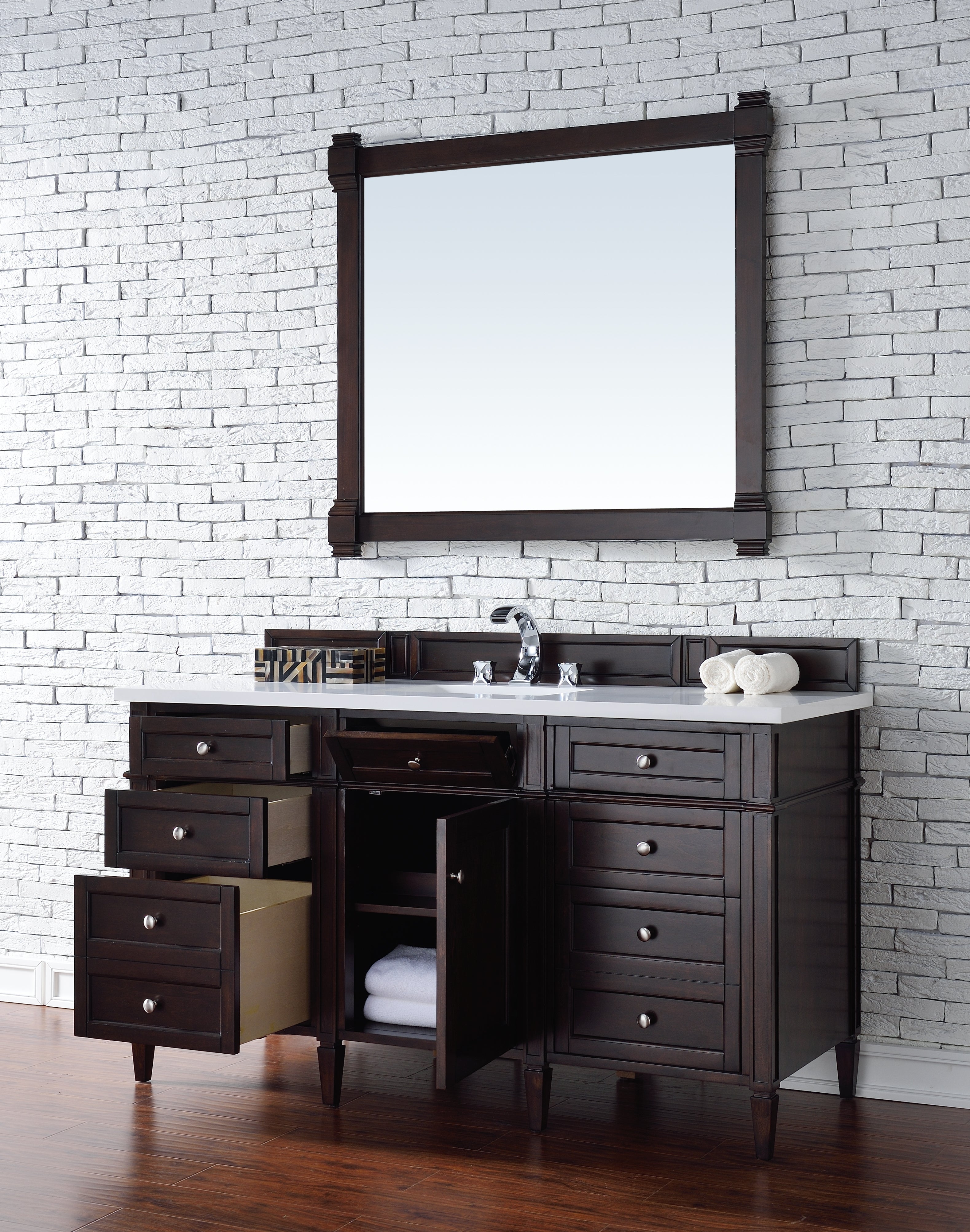 Brittany 60-Inch Burnished Mahogany Bathroom Vanity with 3CM Classic White Quartz Countertop - Perfect for Master Bathroom & Powder Room Remodeling