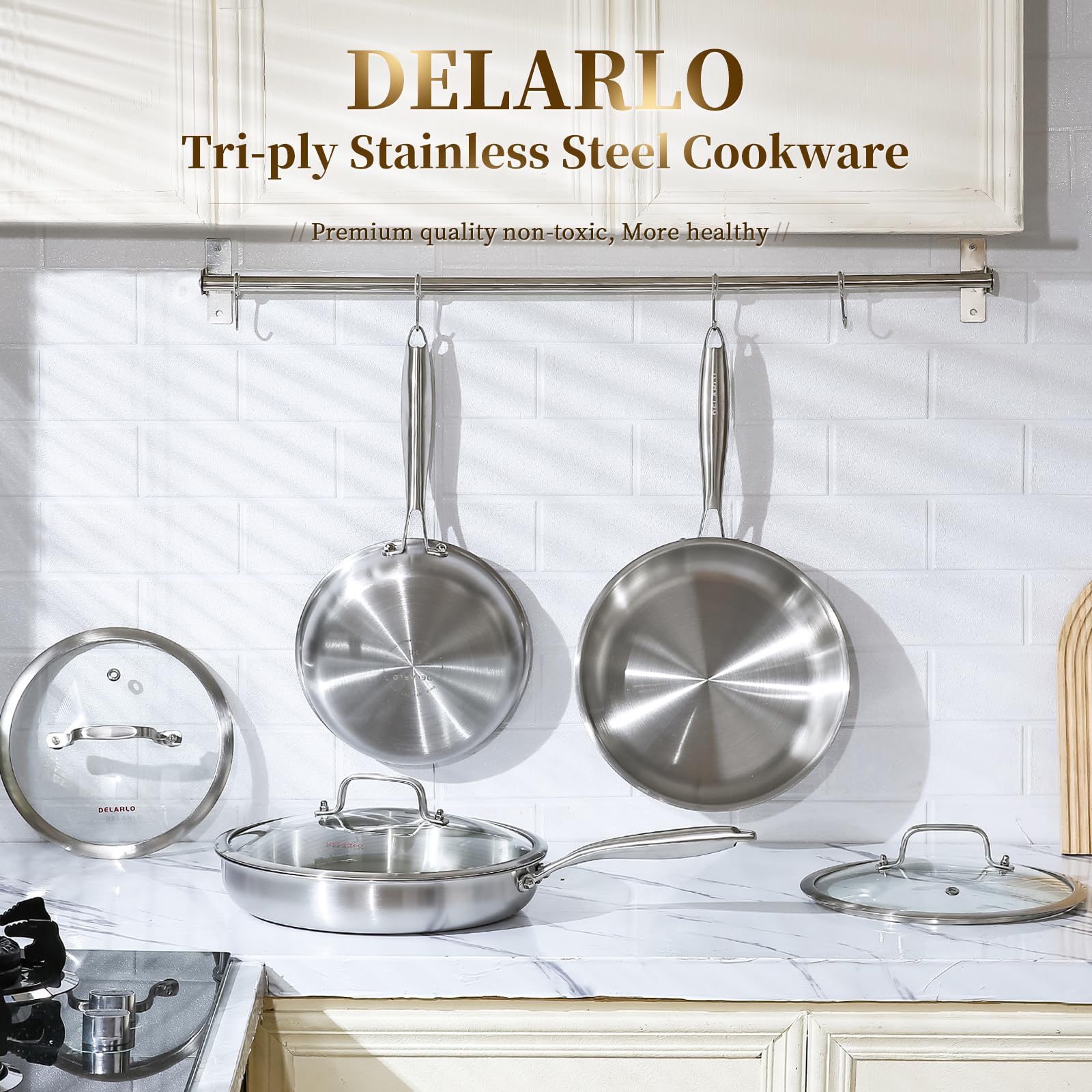 Premium DELARLO Tri-Ply Stainless Steel Frying Pan Set with Glass Lids (8