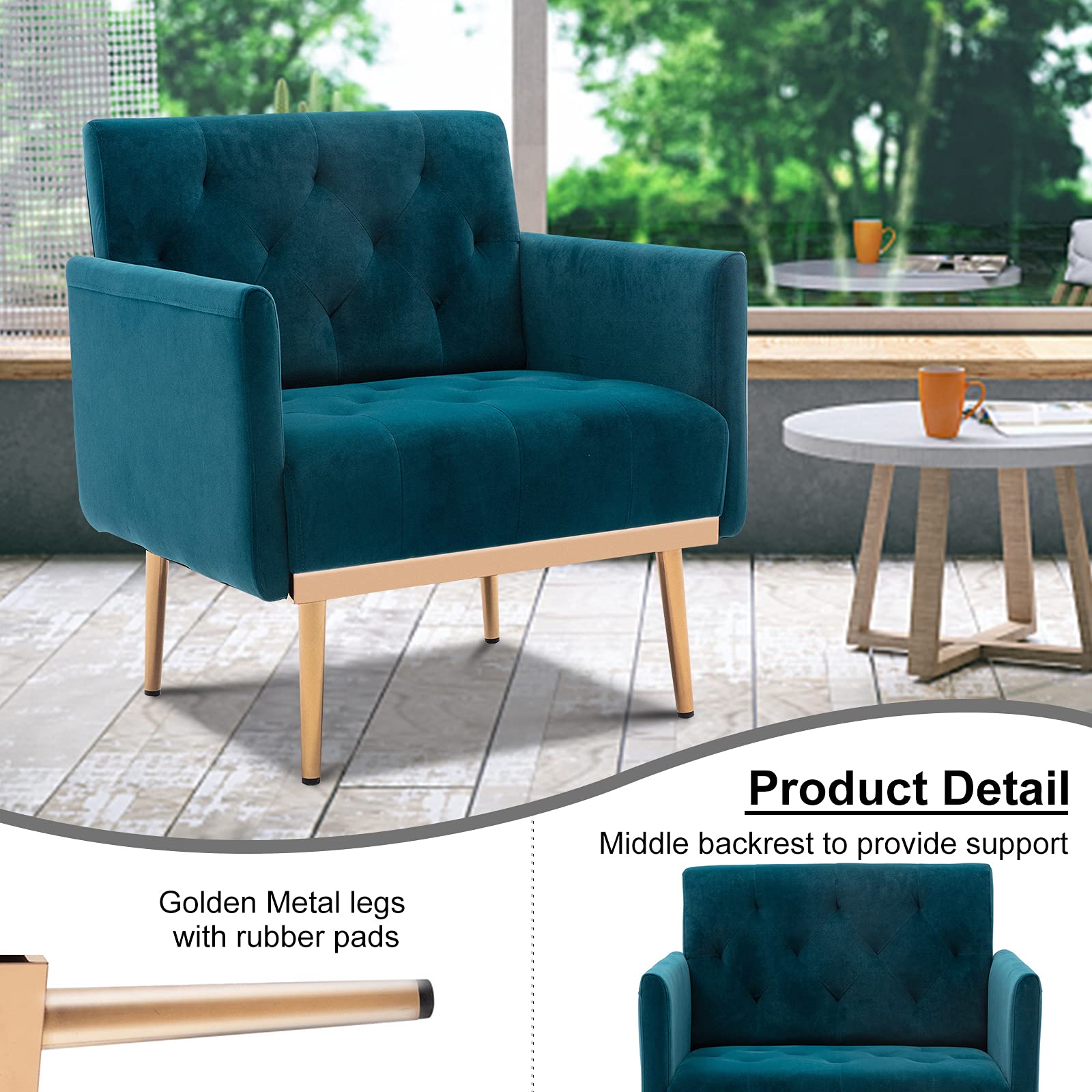 Modern Accent Fabric Armchair with Rose Gold Iron Legs - Upholstered Single Sofa Chair for Bedroom, Office & Living Room - Lake Blue Comfy Seating for Relaxing, Reading & Entertaining