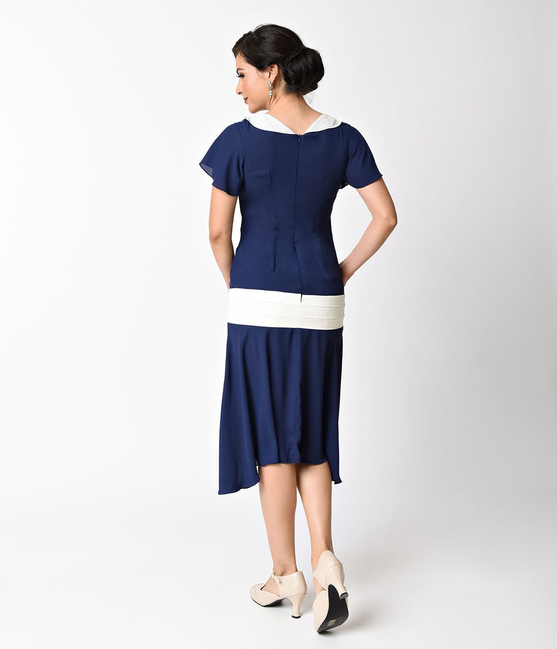 Vintage 1920s Navy Blue & Ivory Wilshire Flapper Day Dress - Retro 20s Gatsby Party Costume, Roaring Twenties Theme Outfit for Women