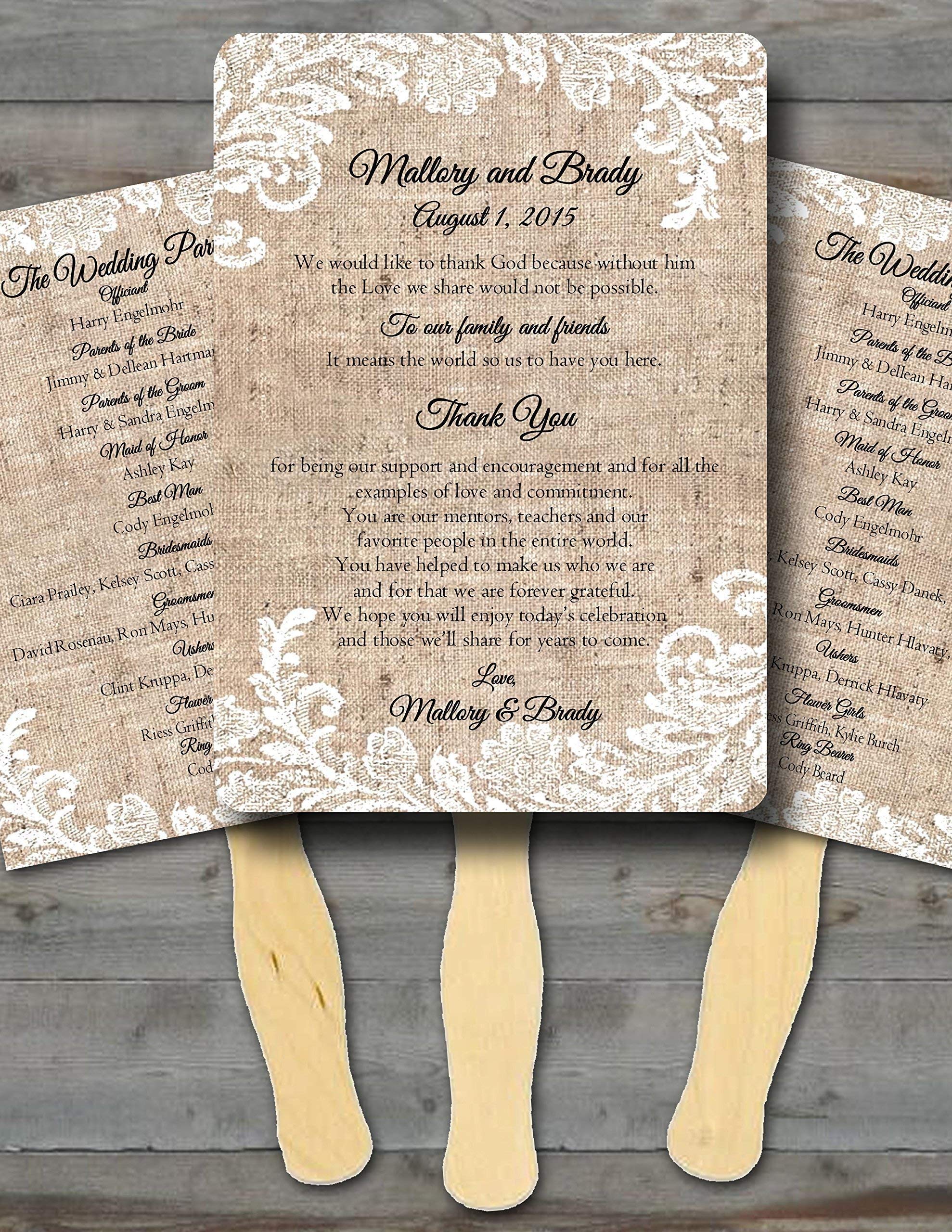 Personalized Wedding Fans for Guests - Rustic Burlap & Lace Program Fans Set of 10 - Perfect Wedding Favors for Outdoor, Beach, and Summer Weddings