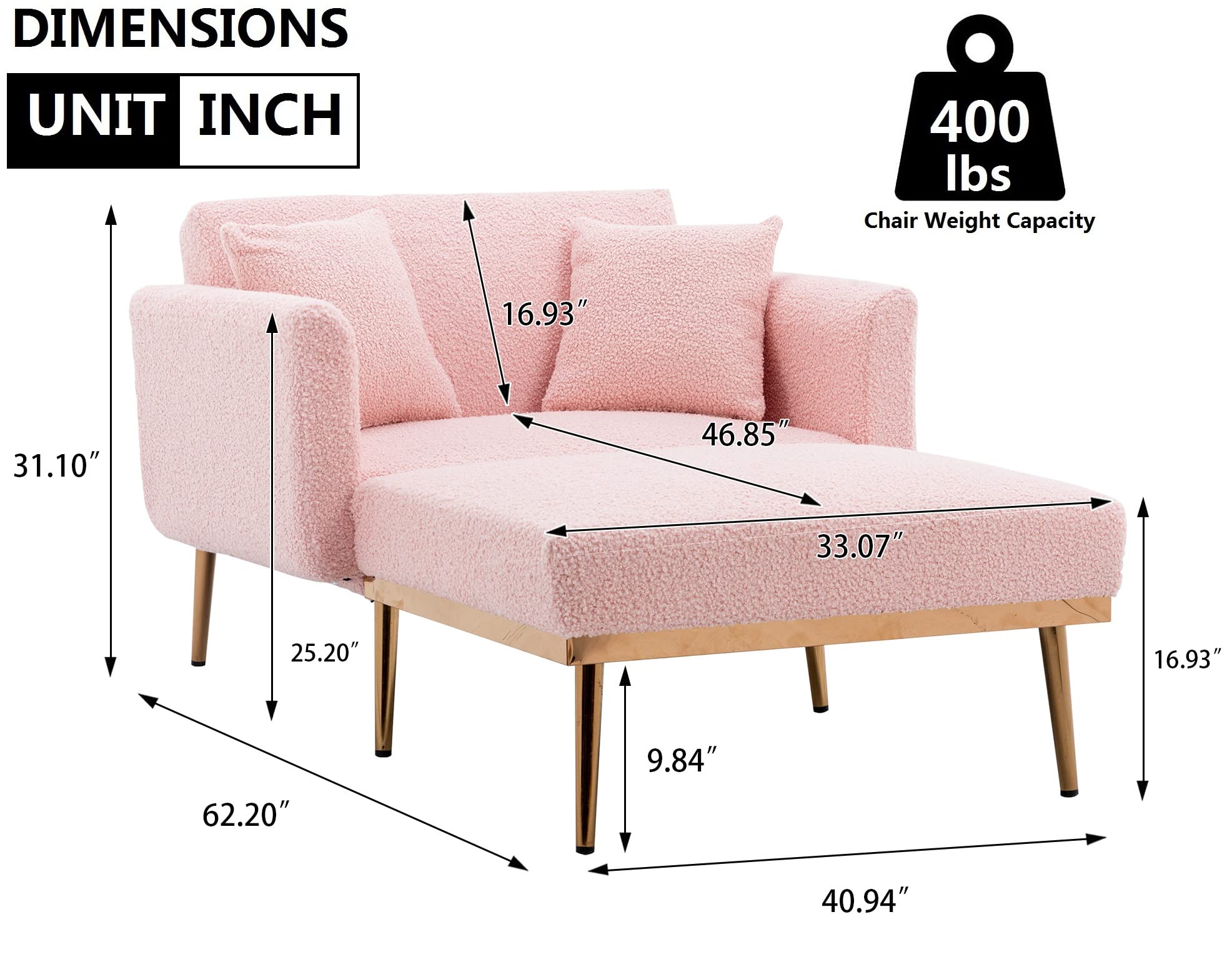 3-in-1 Convertible Chaise Lounge Chair with Ottoman - Modern Recliner Sleeper & Reading Accent Chair for Living Room, Home Office & Study - Includes 2 Comfort Pillows (Pink Teddy Fabric) - Perfect for Relaxing, Napping & Entertaining Guests