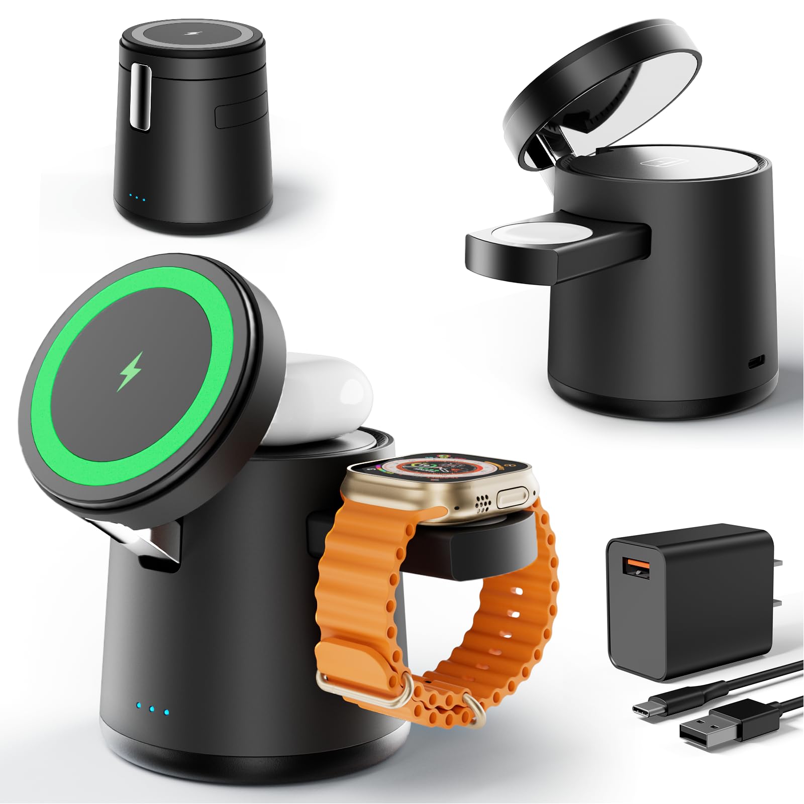 2025 Upgraded 3-in-1 Magnetic Wireless Charging Station - Fast Charging Dock for iPhone 16/15/14/13/12 Pro Max, Apple Watch & AirPods | Adjustable Portable Stand for Home, Office & Travel (Black)